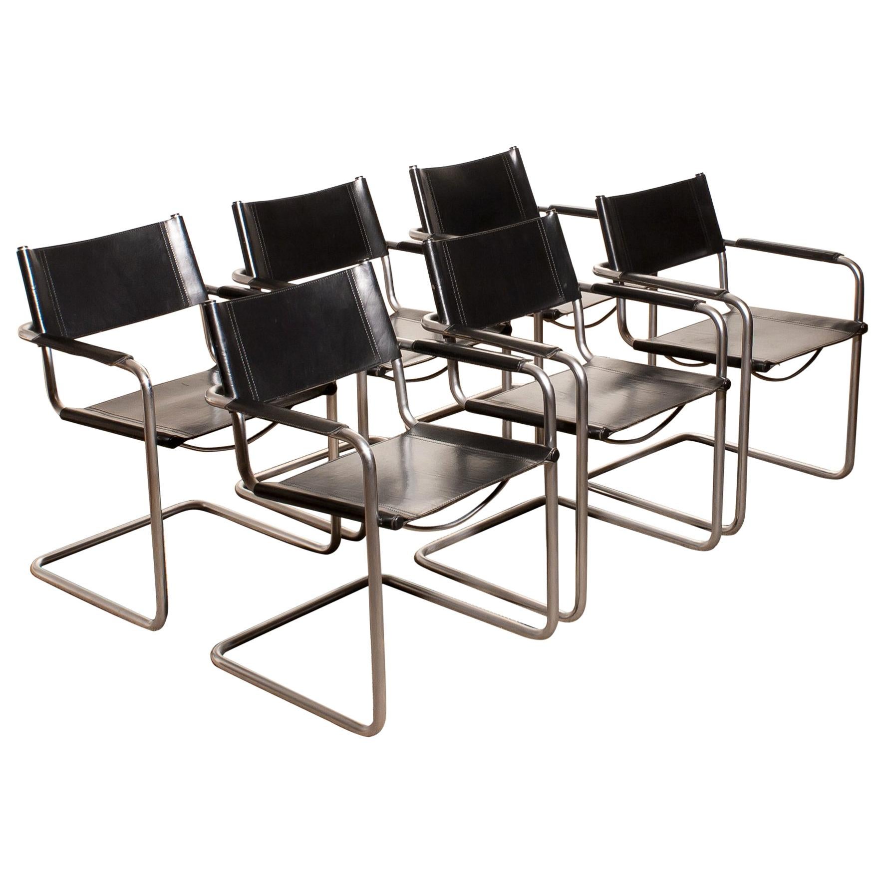 1970s, Set of Six Tubular Steel and Black Leather Dining Chairs by Matteo Grassi In Good Condition In Silvolde, Gelderland