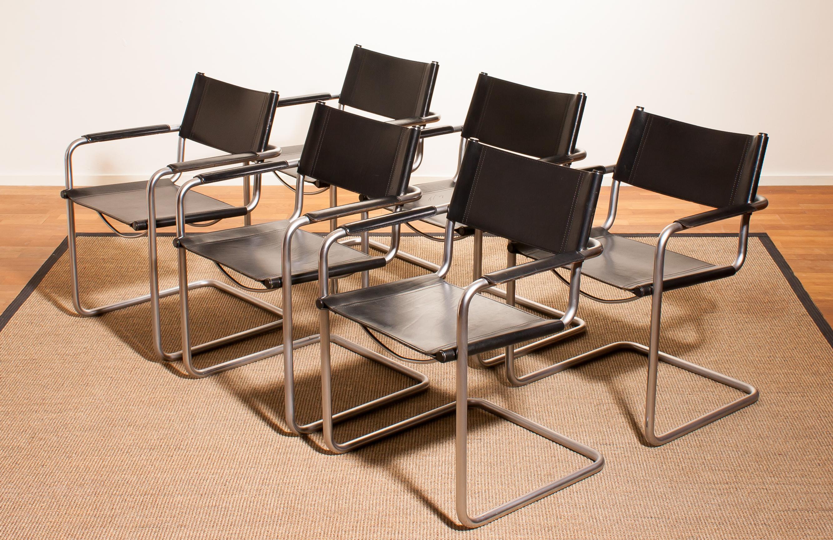 1970s, Set of Six Tubular Steel and Black Leather Dining Chairs by Matteo Grassi 1