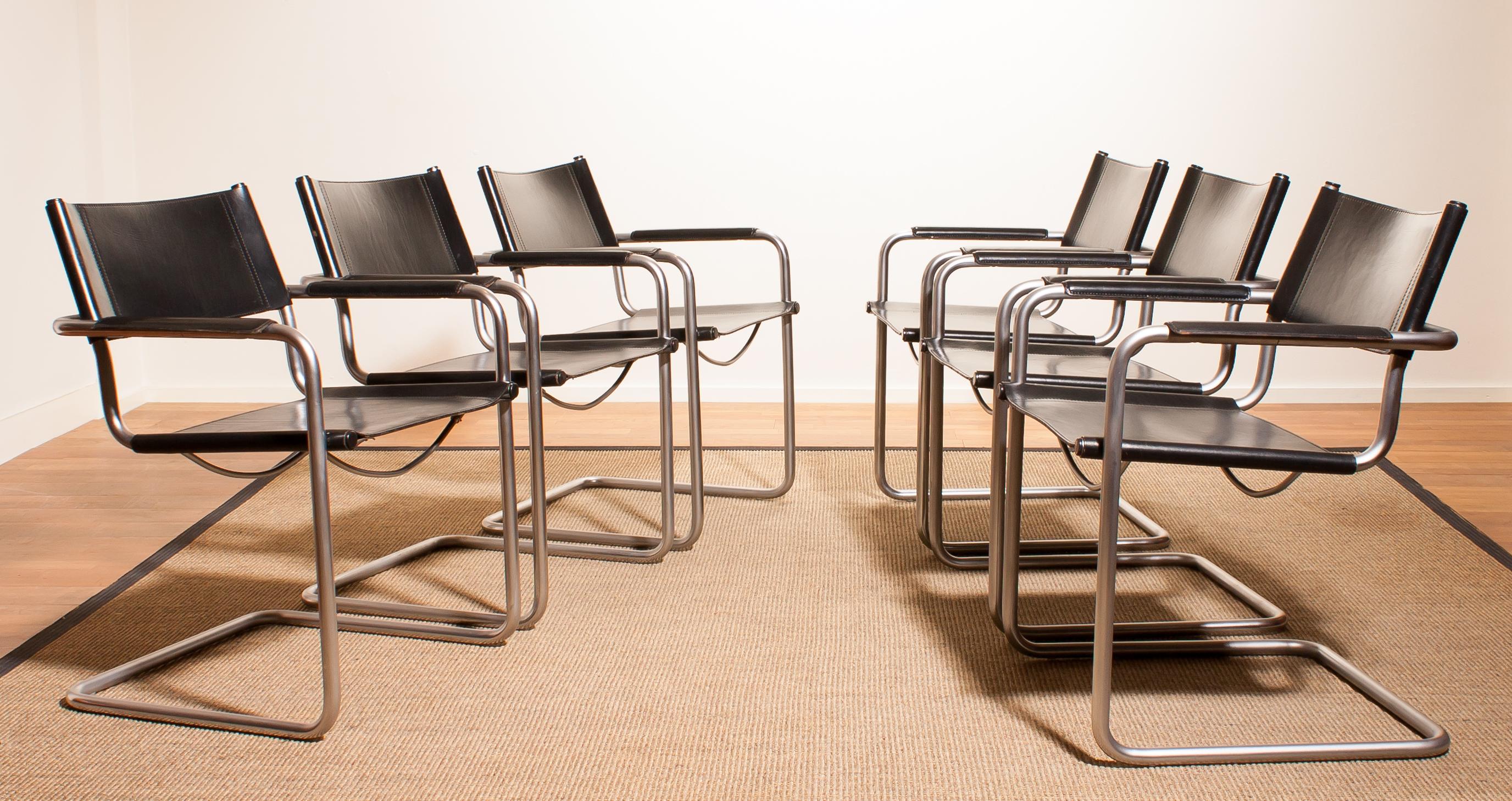 1970s, Set of Six Tubular Steel and Black Leather Dining Chairs by Matteo Grassi 1
