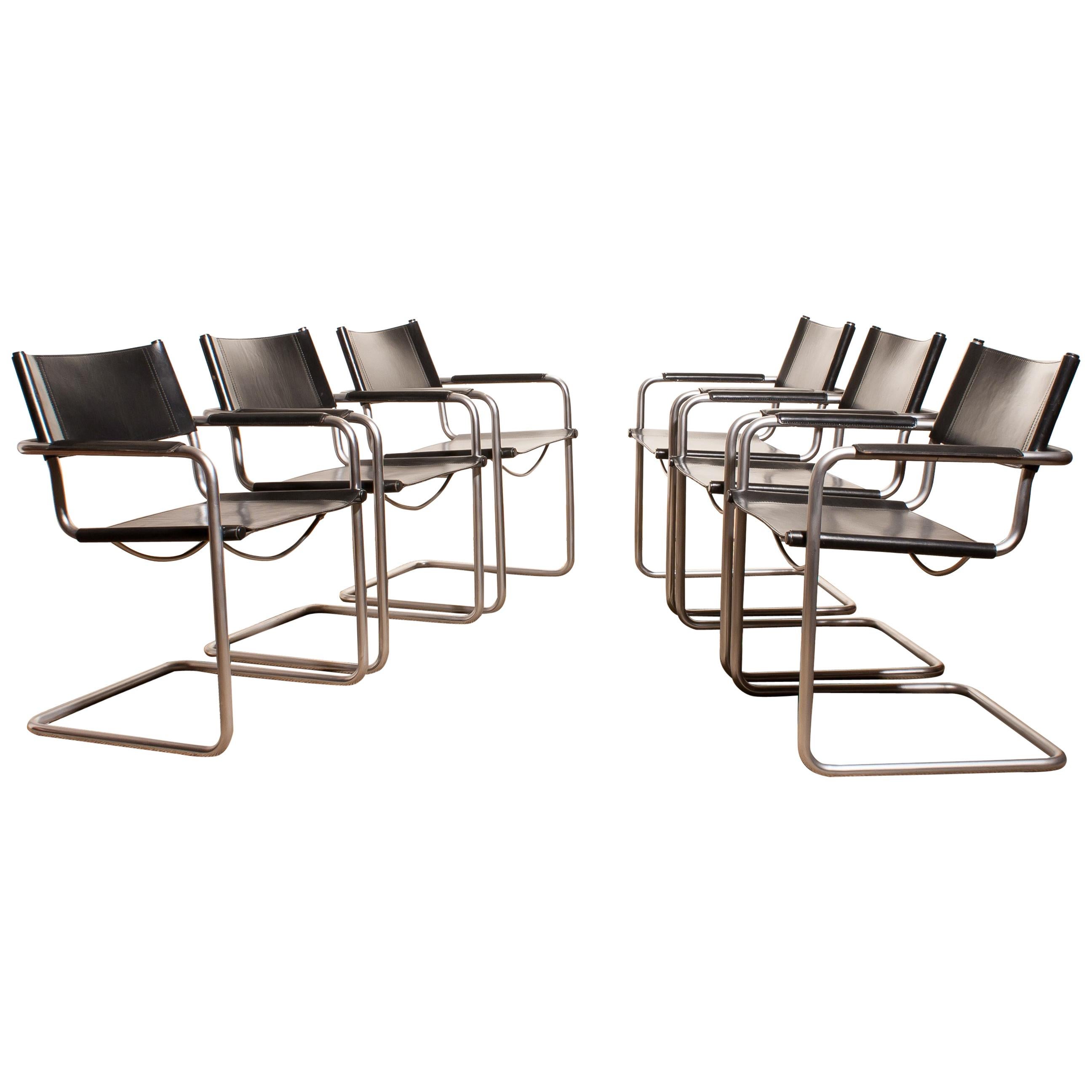 1970s, Set of Six Tubular Steel and Black Leather Dining Chairs by Matteo Grassi 1