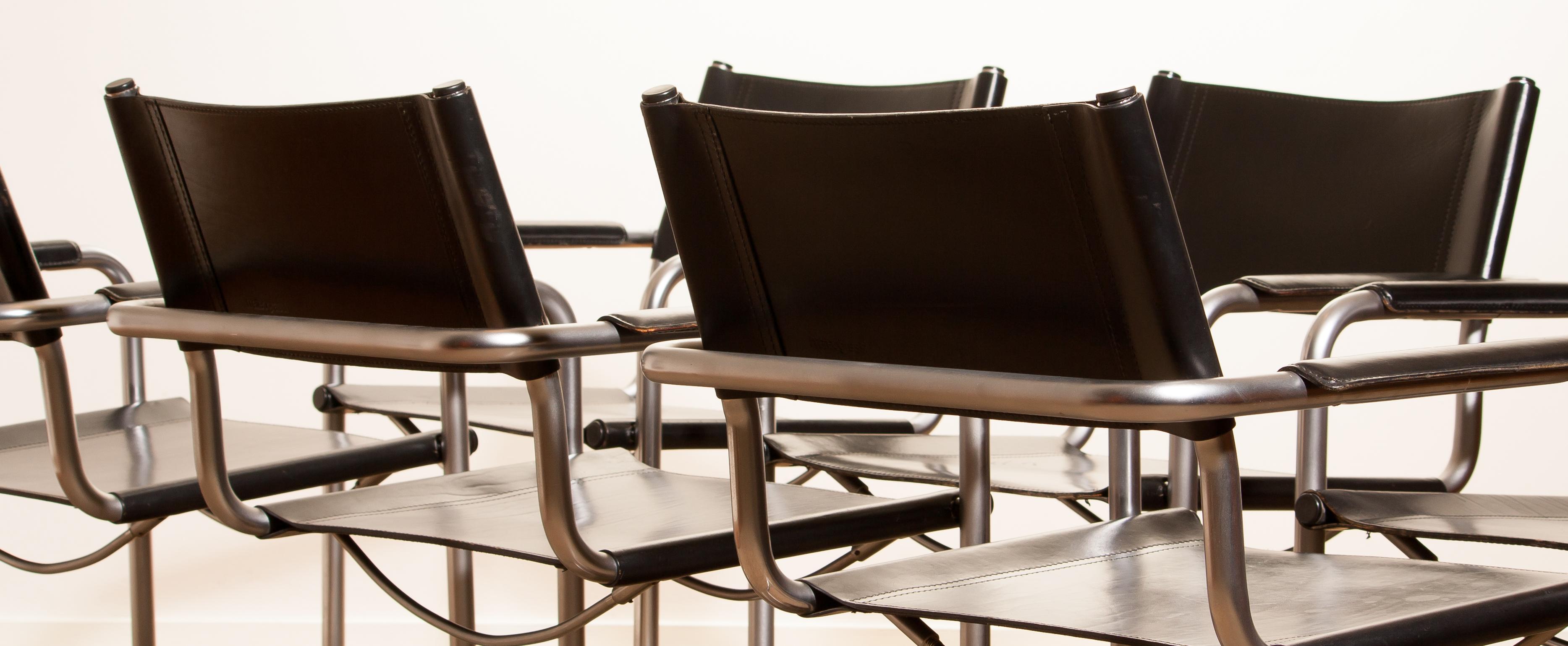 1970s, Set of Six Tubular Steel and Black Leather Dining Chairs by Matteo Grassi 2
