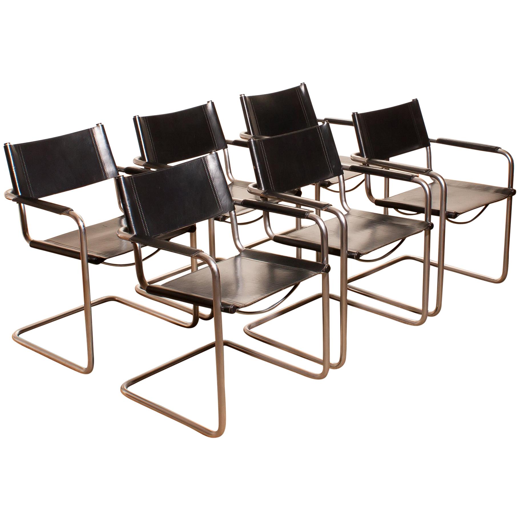 1970s, Set of Six Tubular Steel and Black Leather Dining Chairs by Matteo Grassi