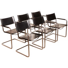 1970s, Set of Six Tubular Steel and Black Leather Dining Chairs by Matteo Grassi