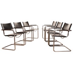 1970s, Set of Six Tubular Steel and Black Leather Dining Chairs by Matteo Grassi