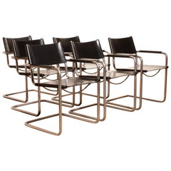 1970s, Set of Six Tubular Steel and Black Leather Dining Chairs by Matteo Grassi