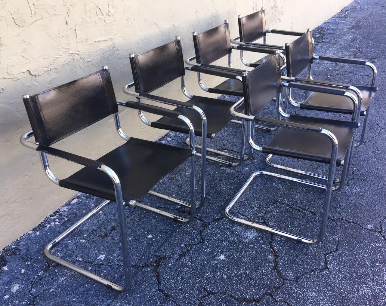 Modern 1970s, Set of Six Tubular Steel and Leather Dining Chairs in style Matteo Grassi