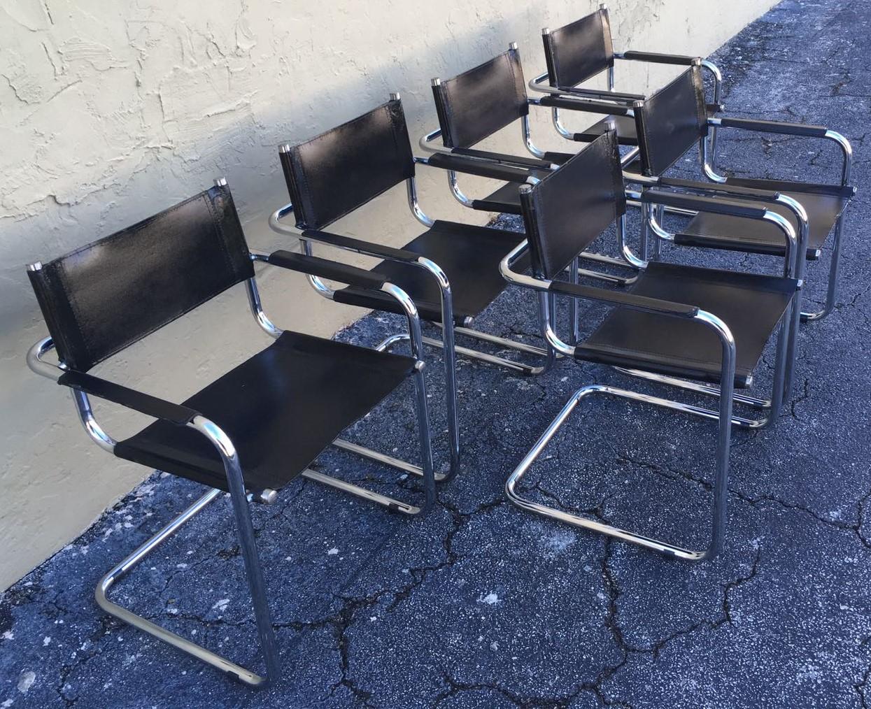Italian 1970s, Set of Six Tubular Steel and Leather Dining Chairs in style Matteo Grassi