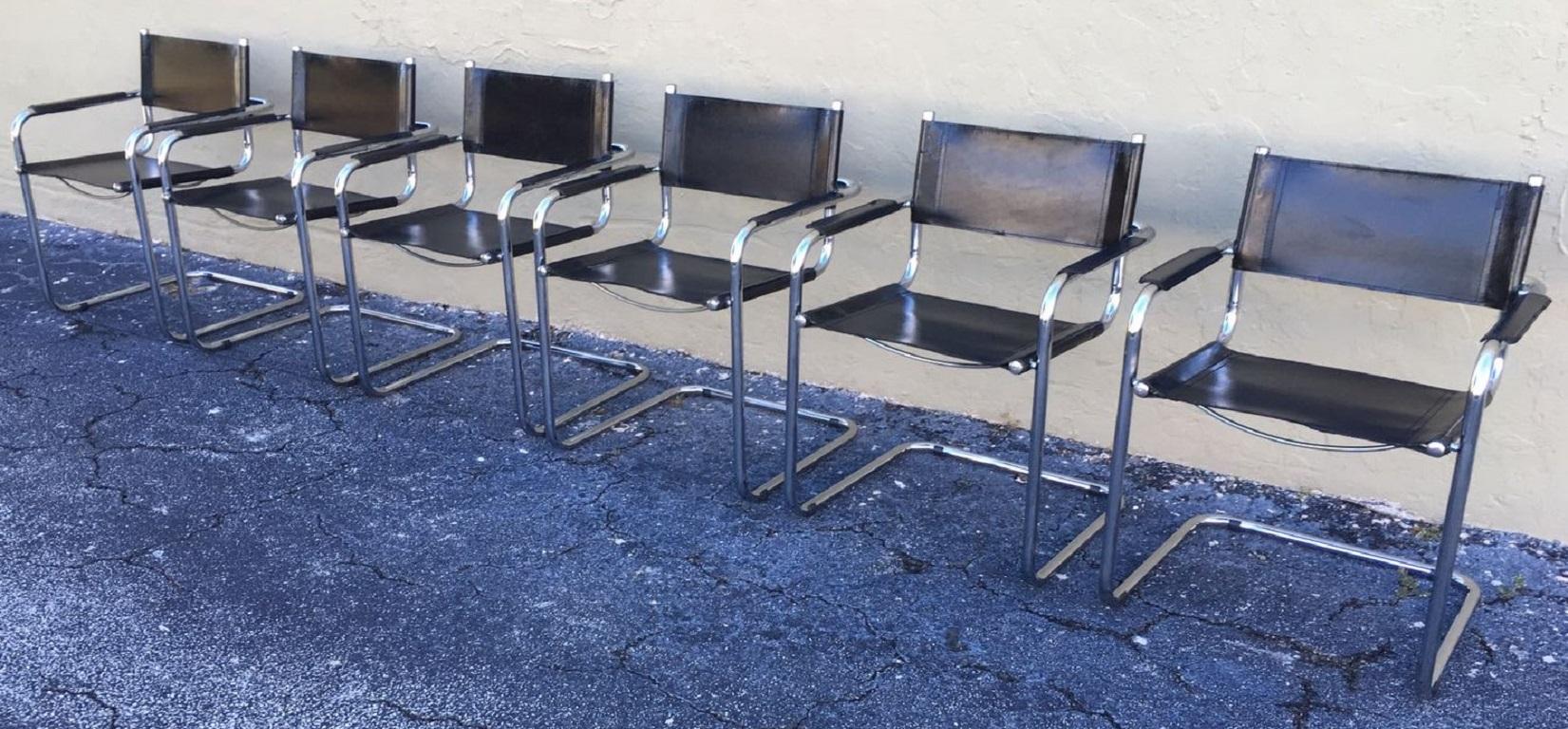 1970s, Set of Six Tubular Steel and Leather Dining Chairs in style Matteo Grassi In Good Condition In Miami, FL