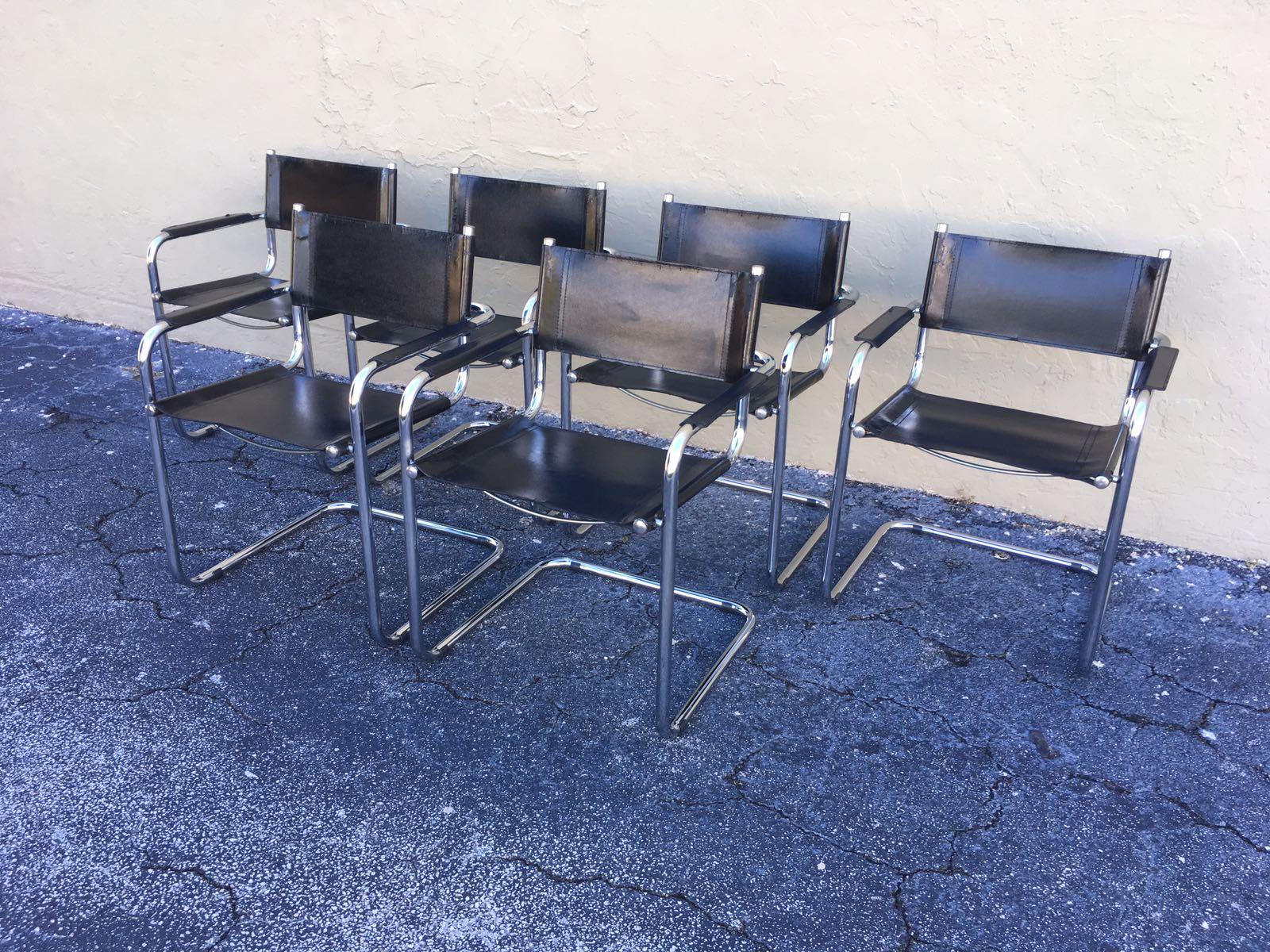 20th Century 1970s, Set of Six Tubular Steel and Leather Dining Chairs in style Matteo Grassi