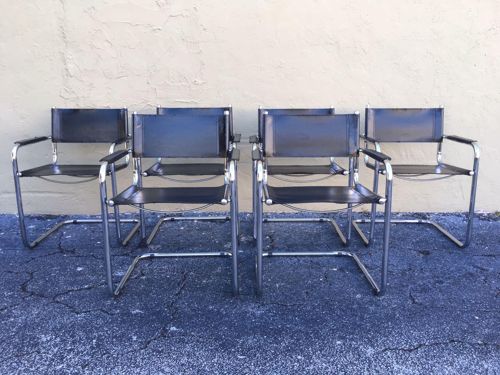 1970s, Set of Six Tubular Steel and Leather Dining Chairs in style Matteo Grassi 1