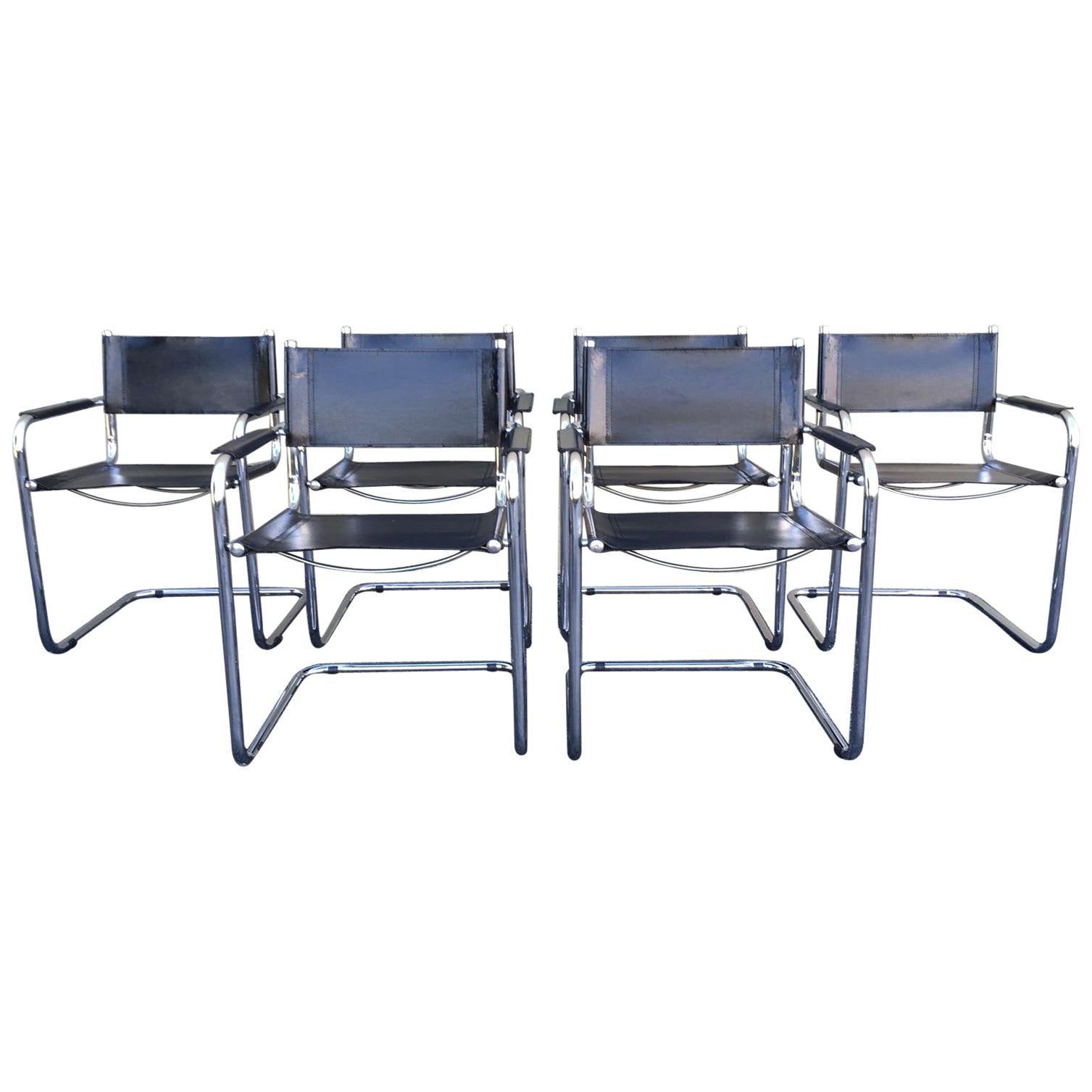 1970s, Set of Six Tubular Steel and Leather Dining Chairs in style Matteo Grassi