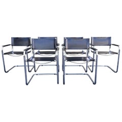 Ensemble de six chaises de salle à manger en acier tubulaire et cuir des années 1970 dans le style de Matteo Grassi