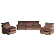 Retro 1970s Set of sofa and two armchairs Brown Velvet Chromed details