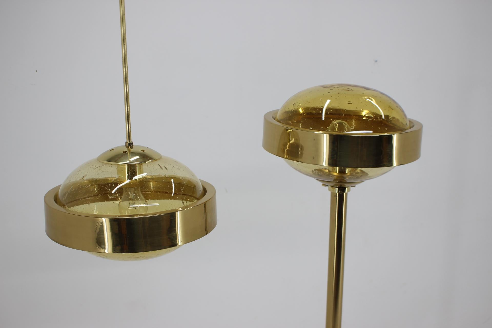 1970s Set of Space Age Brass Floor Lamp and Pendant by Kamenicky Senov, Czechosl In Good Condition In Praha, CZ