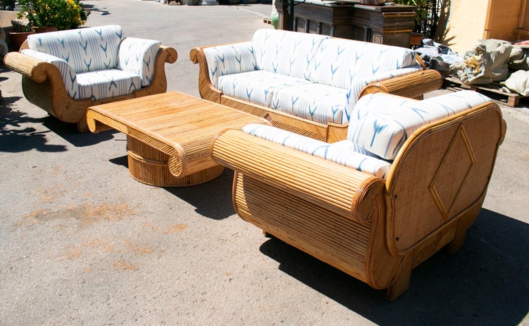 1970s Set of Spanish Bamboo Garden Furniture with 3 Sofas and Coffee