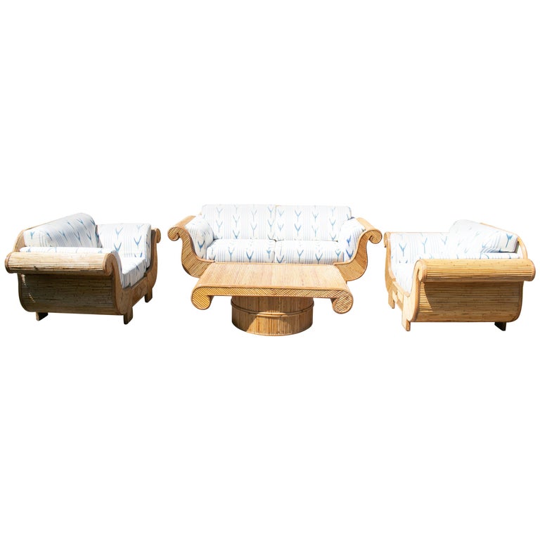 1970s Set of Spanish Bamboo Garden Furniture with 3 Sofas and Coffee