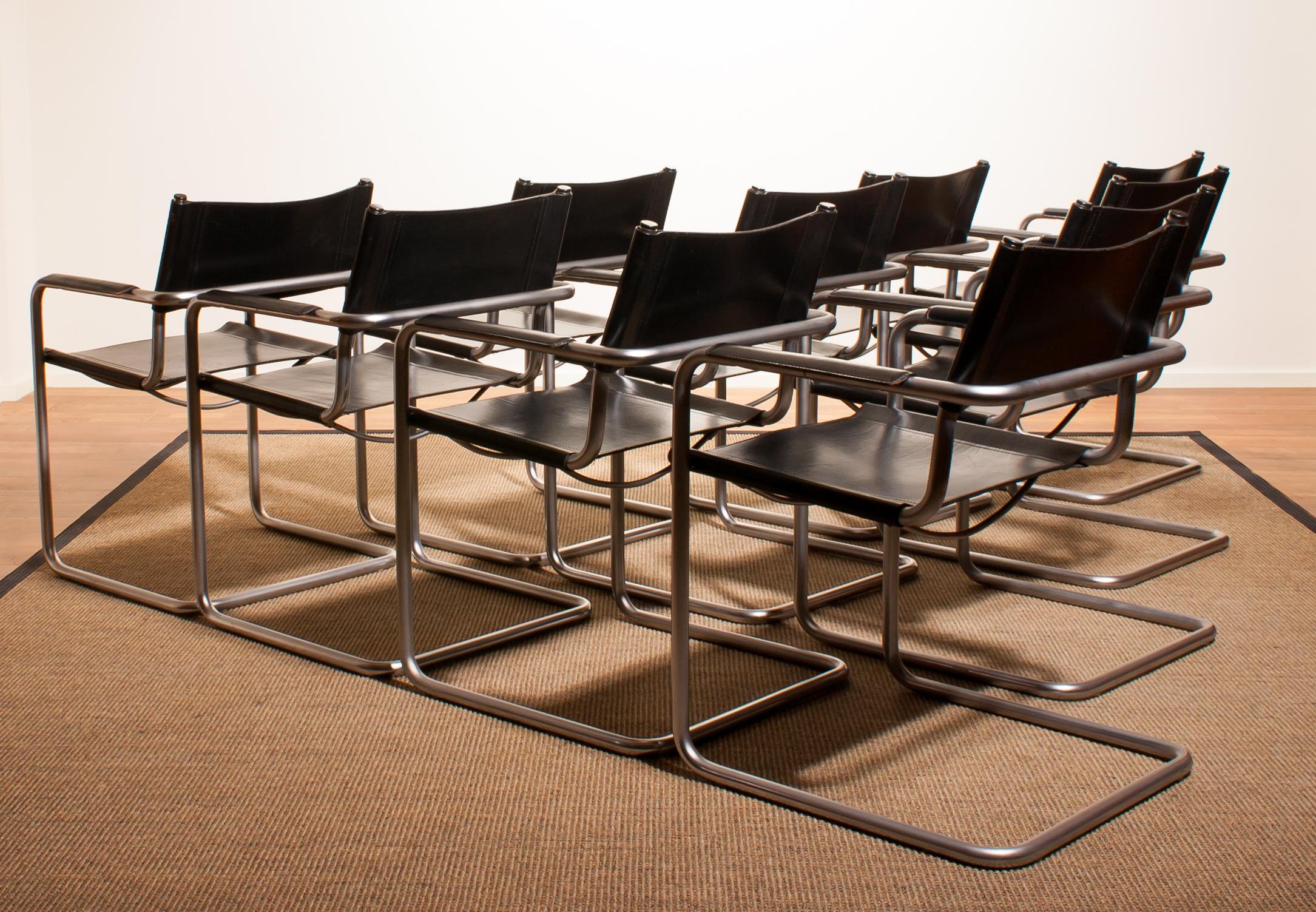 Italian 1970s, Set of Ten Tubular Steel and Leather Dining Chairs by Matteo Grassi
