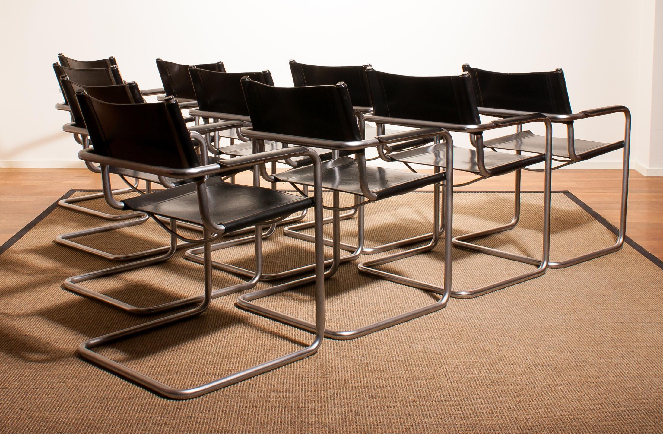 Italian 1970s Set of Ten Tubular Steel and Leather Dining Chairs by Matteo Grassi