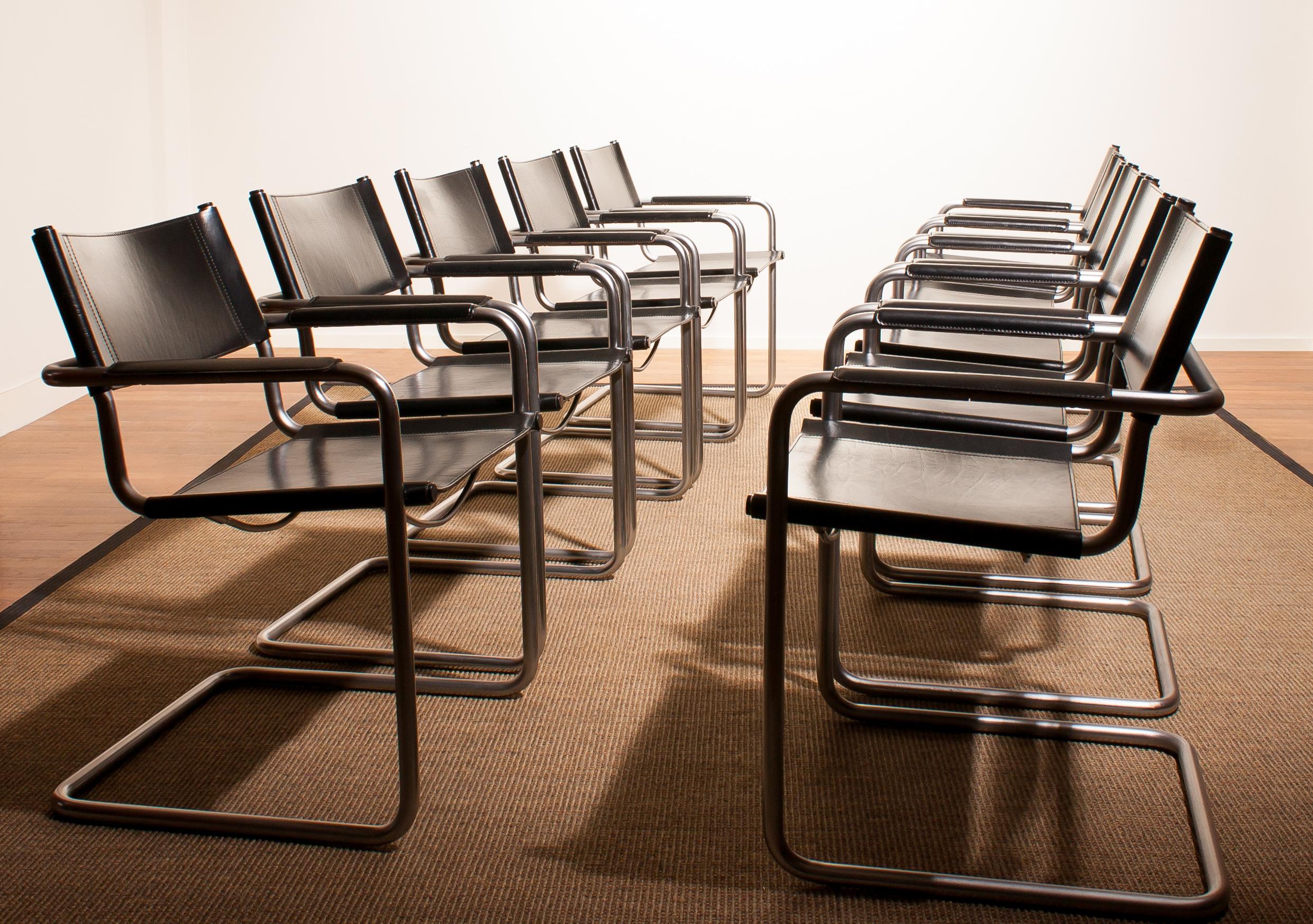 Late 20th Century 1970s, Set of Ten Tubular Steel and Leather Dining Chairs by Matteo Grassi