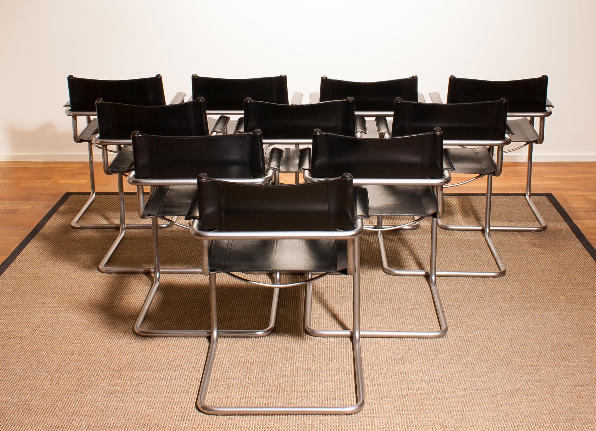 1970s, Set of Ten Tubular Steel and Leather Dining Chairs by Matteo Grassi 2