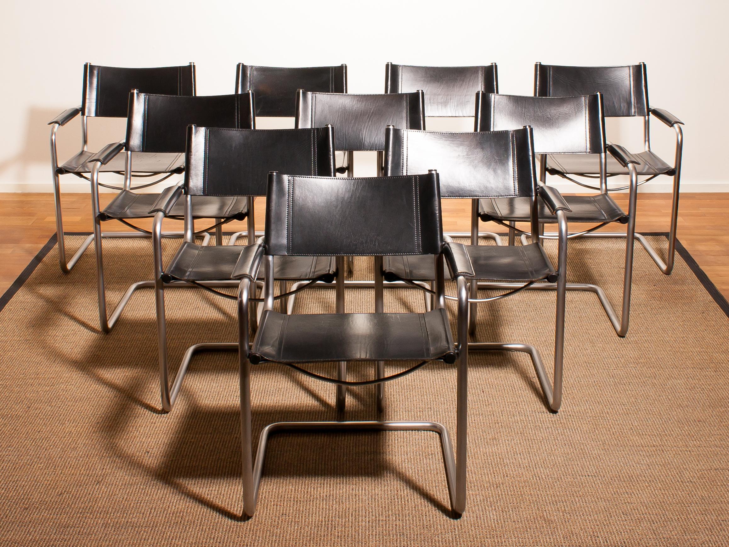 1970s, Set of Ten Tubular Steel and Leather Dining Chairs by Matteo Grassi 4