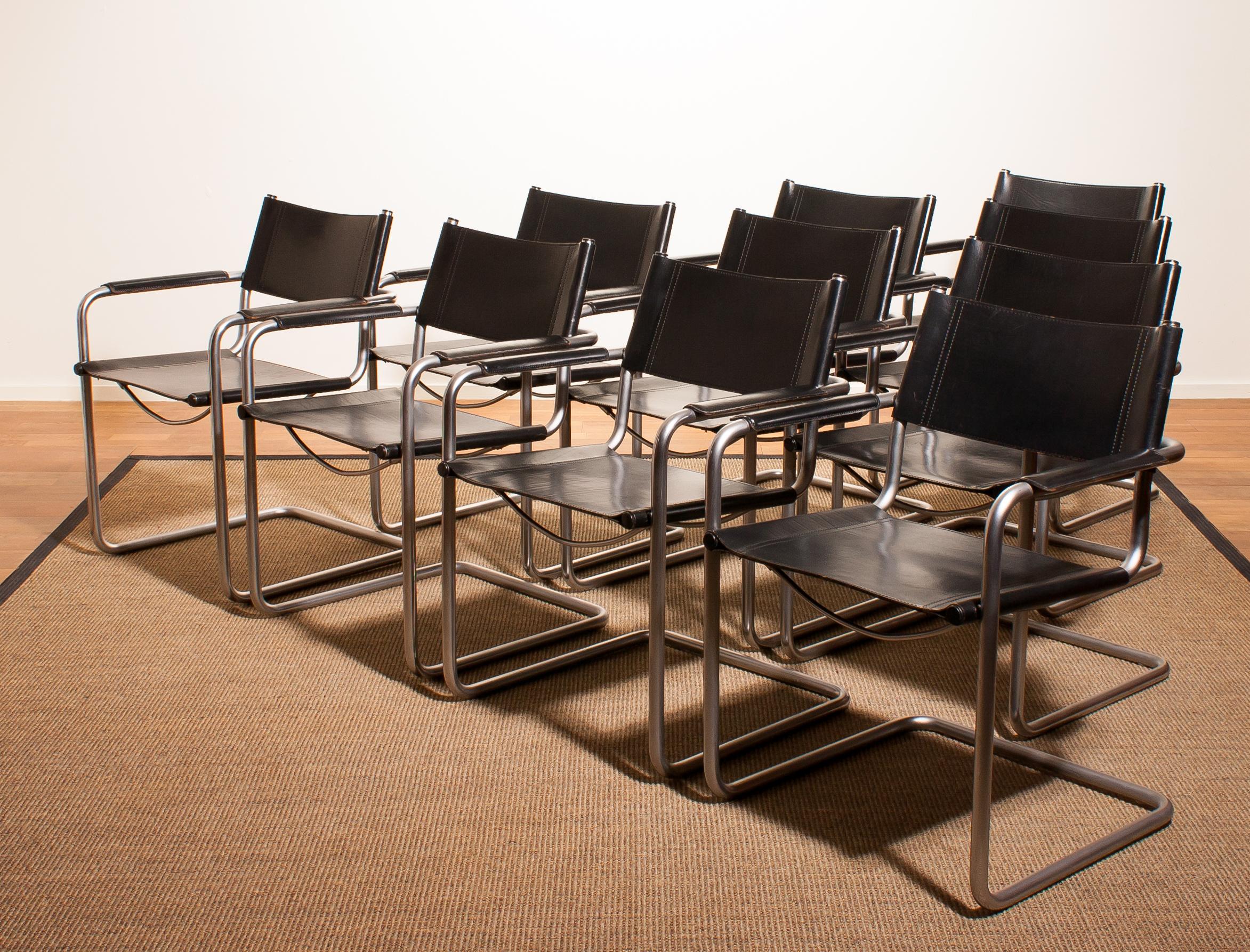 1970s Set of Ten Tubular Steel and Leather Dining Chairs by Matteo Grassi 4