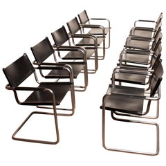 1970s Set of Ten Tubular Steel and Leather Dining Chairs by Matteo Grassi