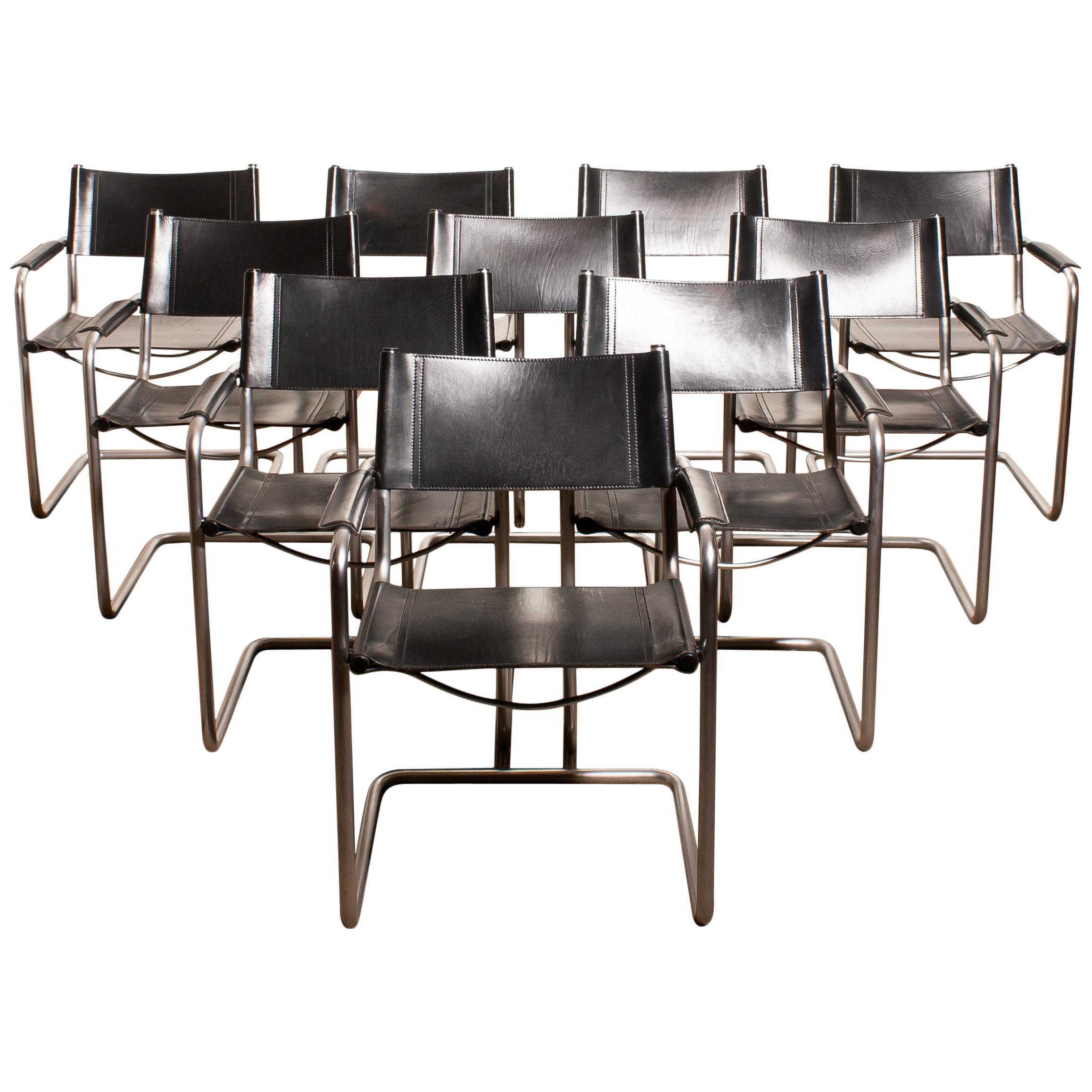 1970s Set of Ten Tubular Steel and Leather Dining Chairs by Matteo Grassi