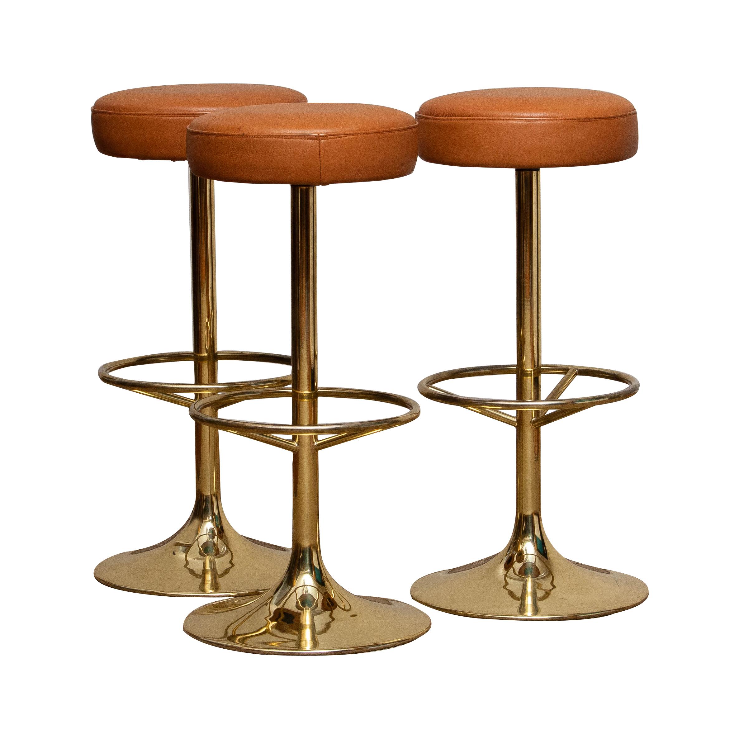 Mid-Century Modern 1970s, Set of Three Bar Stools in Brass / Gold by Johanson Design for Markaryd