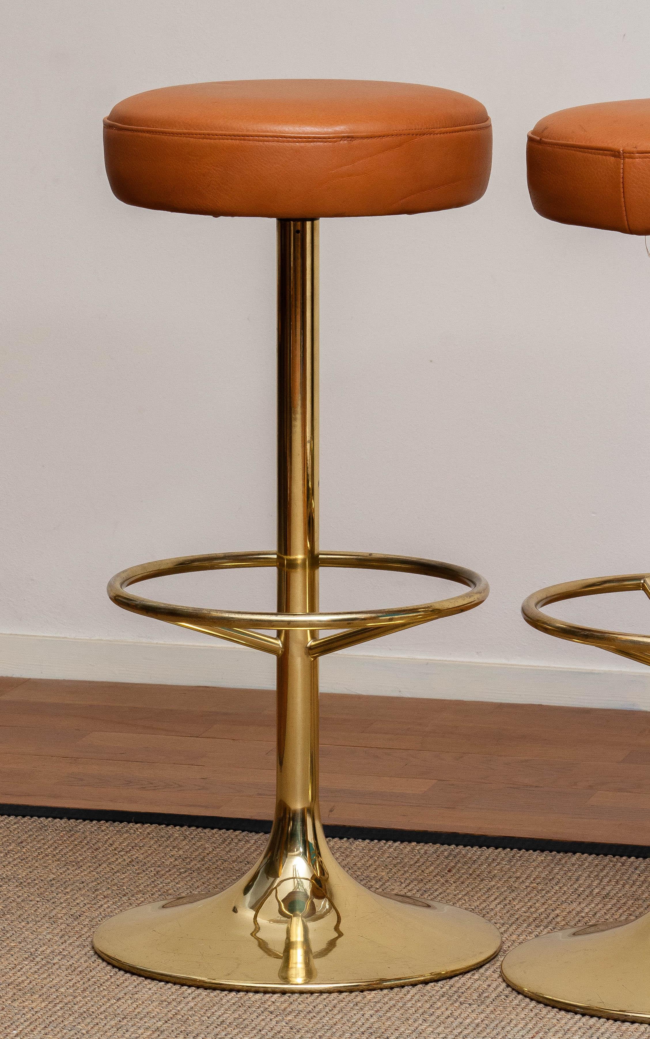 Swedish 1970s, Set of Three Bar Stools in Brass / Gold by Johanson Design for Markaryd