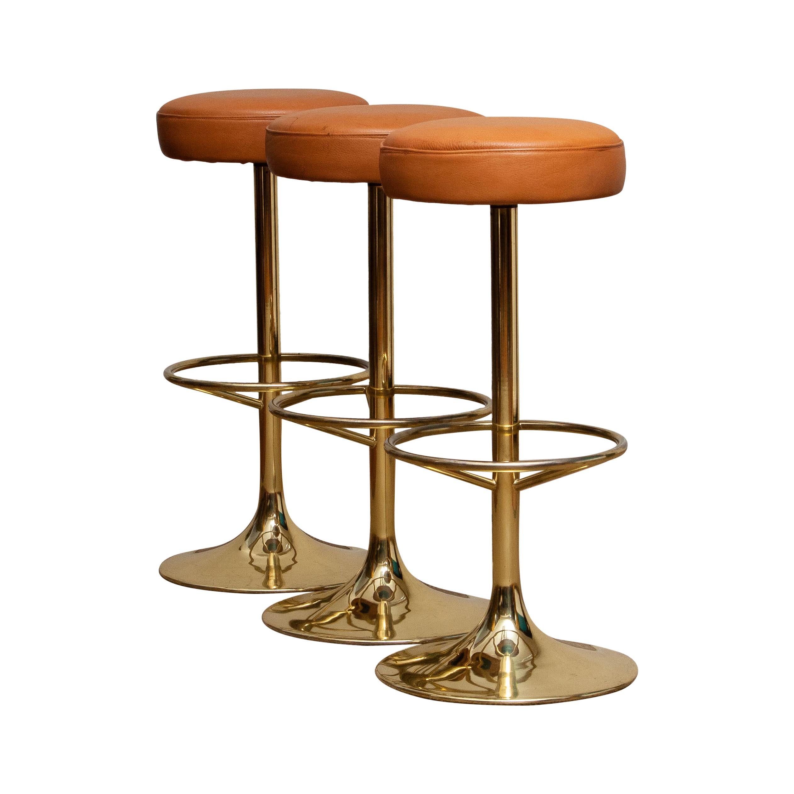 1970s, Set of Three Bar Stools in Brass / Gold by Johanson Design for Markaryd