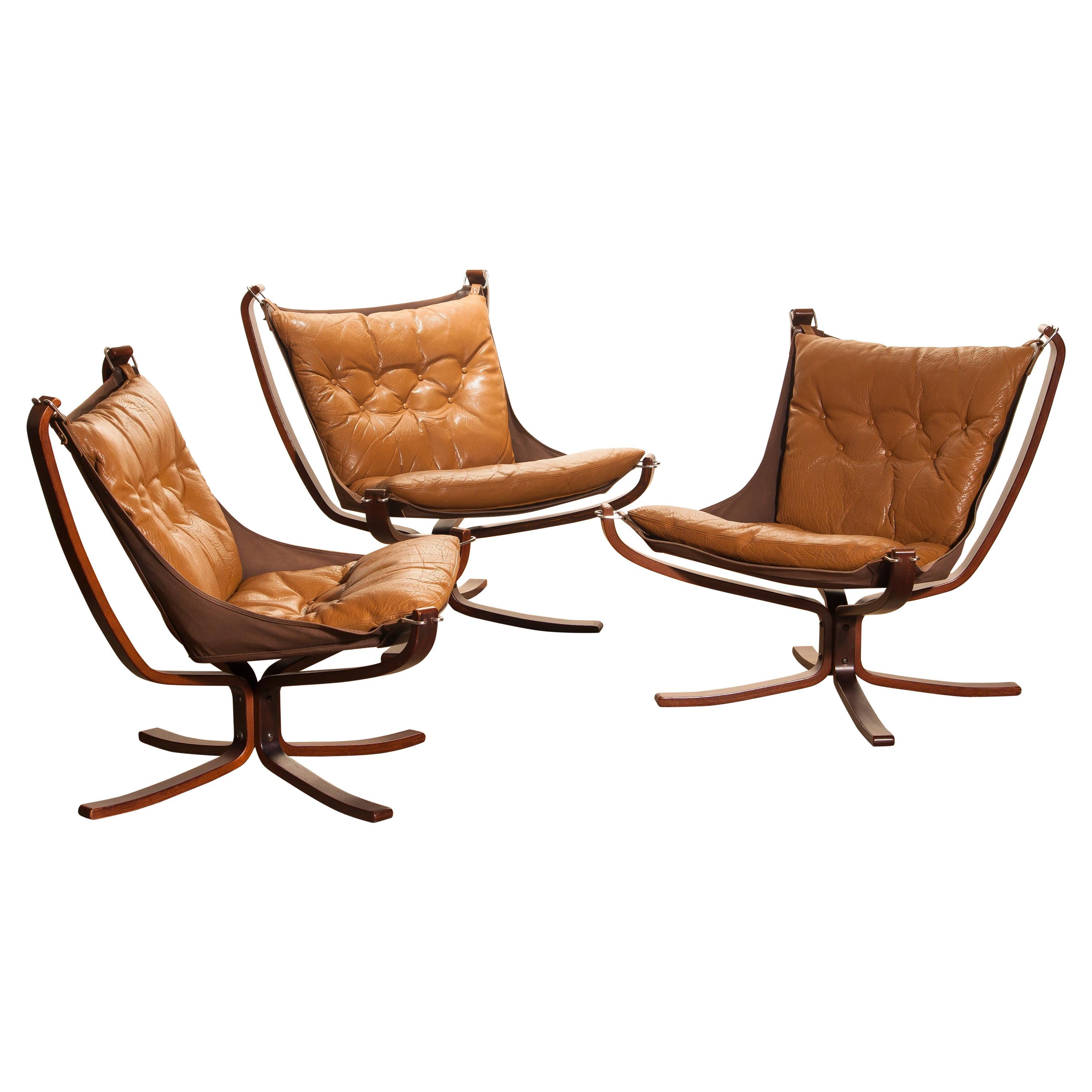 1970s, Set of Three Camel Leather 'Falcon' Lounge Chairs by Sigurd Ressell