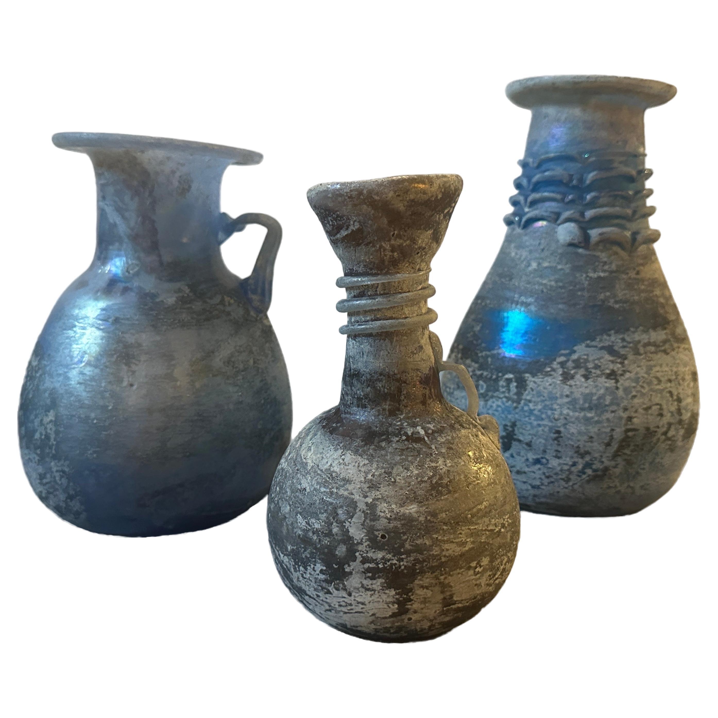 1970s Set of Three Cenedese Style Blue and Gray Scavo Murano Glass Vases For Sale