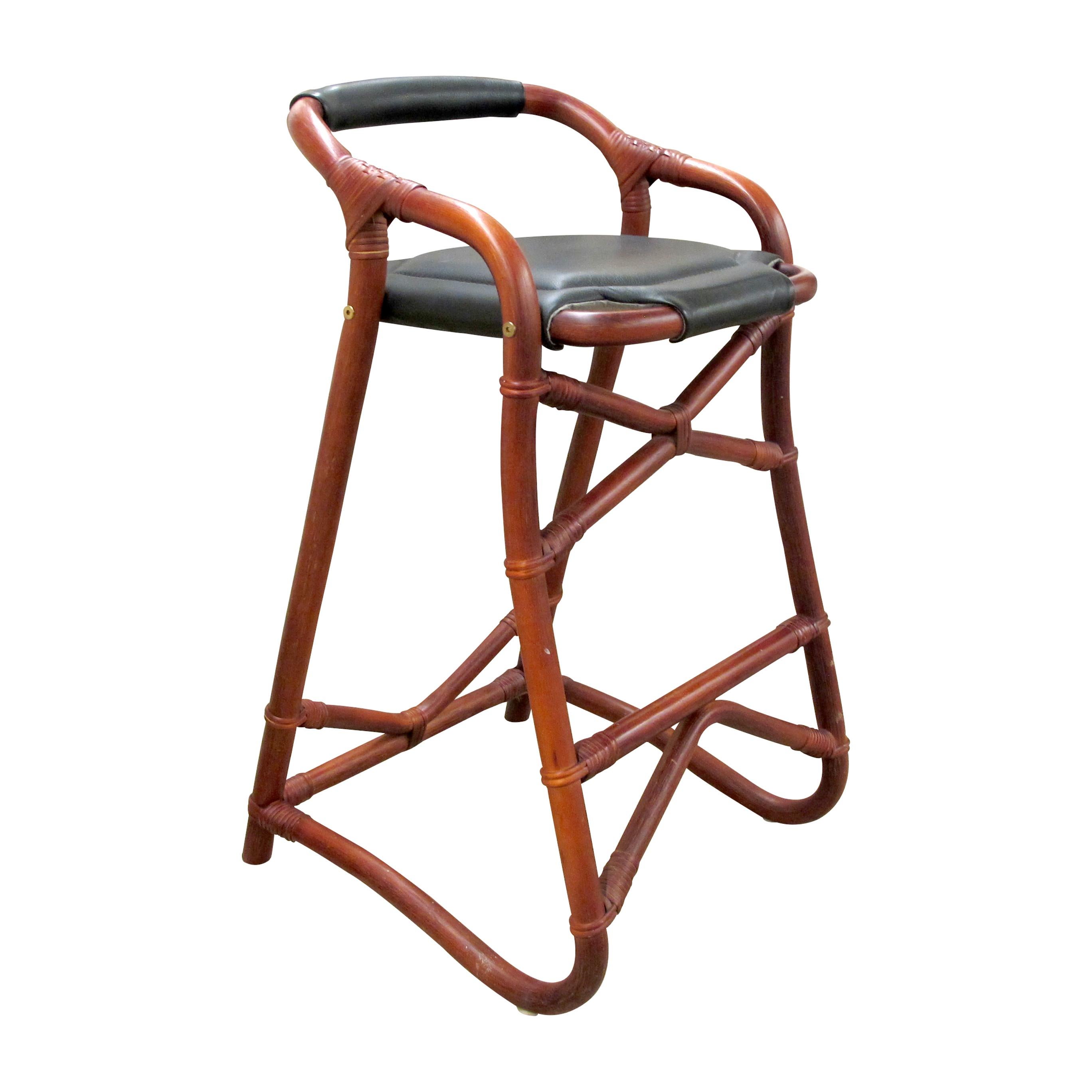 1970s Set of Three French Riviera Bamboo Bar Stools with Leather Seats In Good Condition For Sale In London, GB