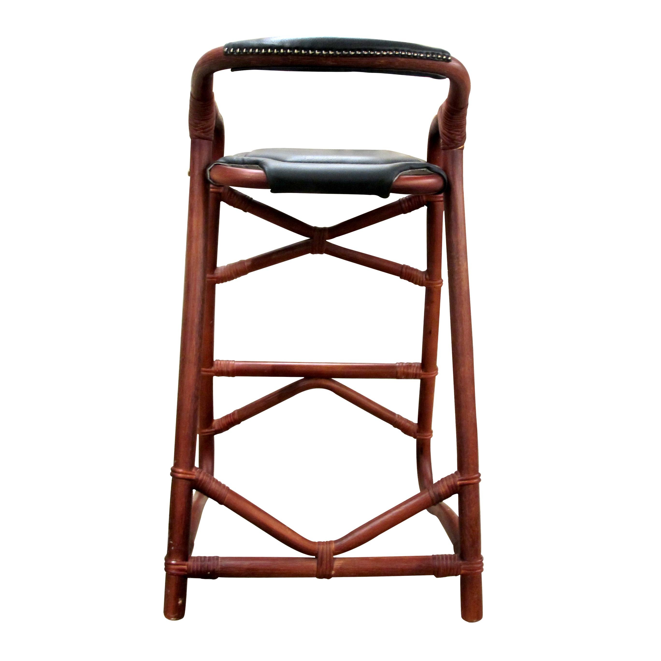 Late 20th Century 1970s Set of Three French Riviera Bamboo Bar Stools with Leather Seats For Sale