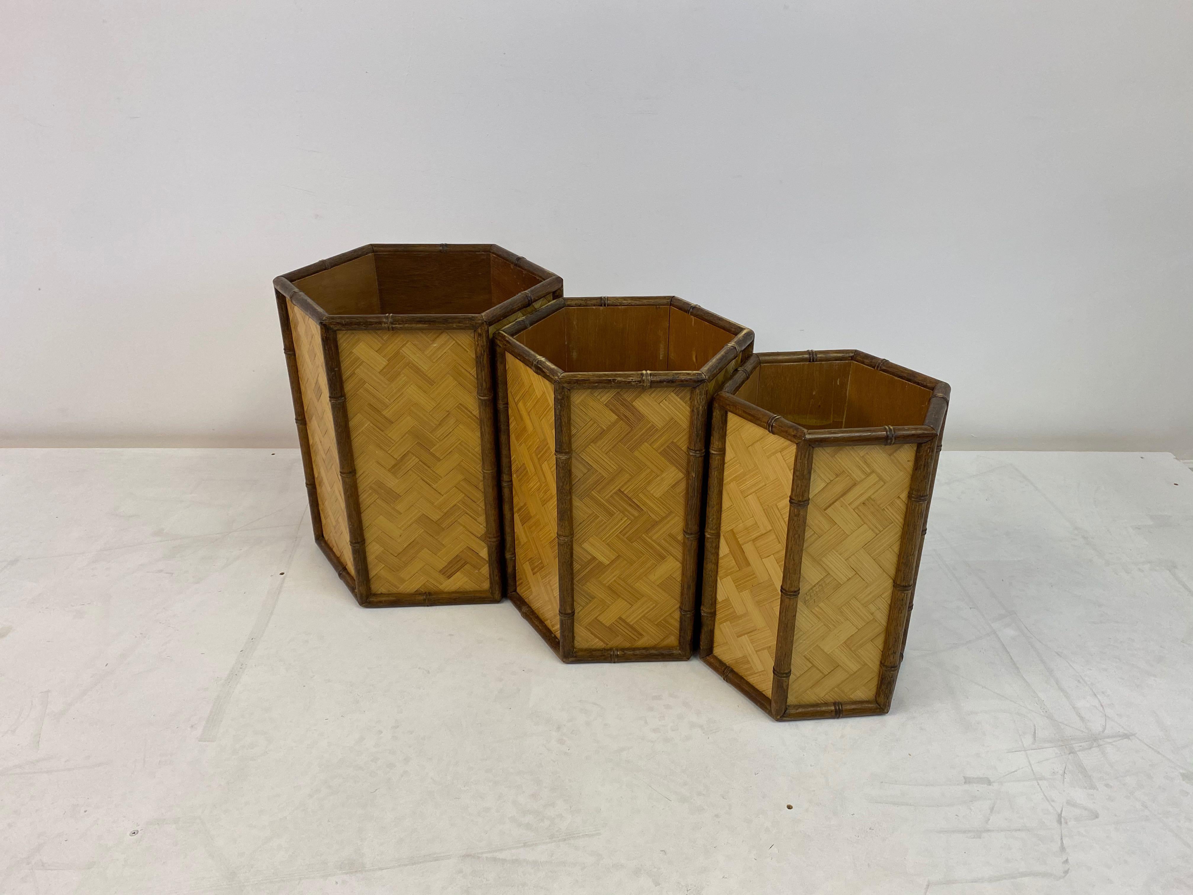 1970s Set of Three Graduated Rattan and Bamboo Planters or Baskets For Sale 6
