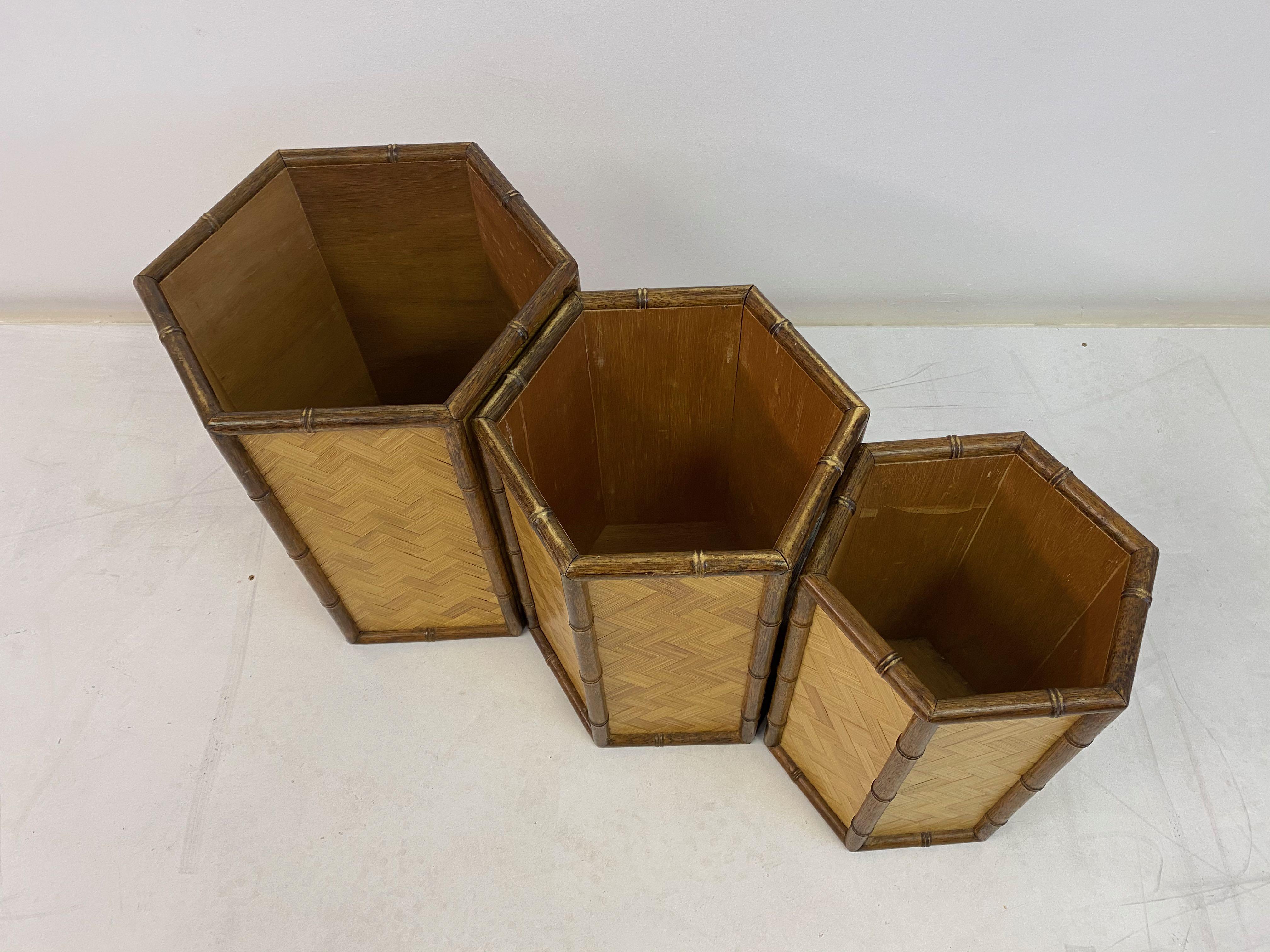 1970s Set of Three Graduated Rattan and Bamboo Planters or Baskets For Sale 7