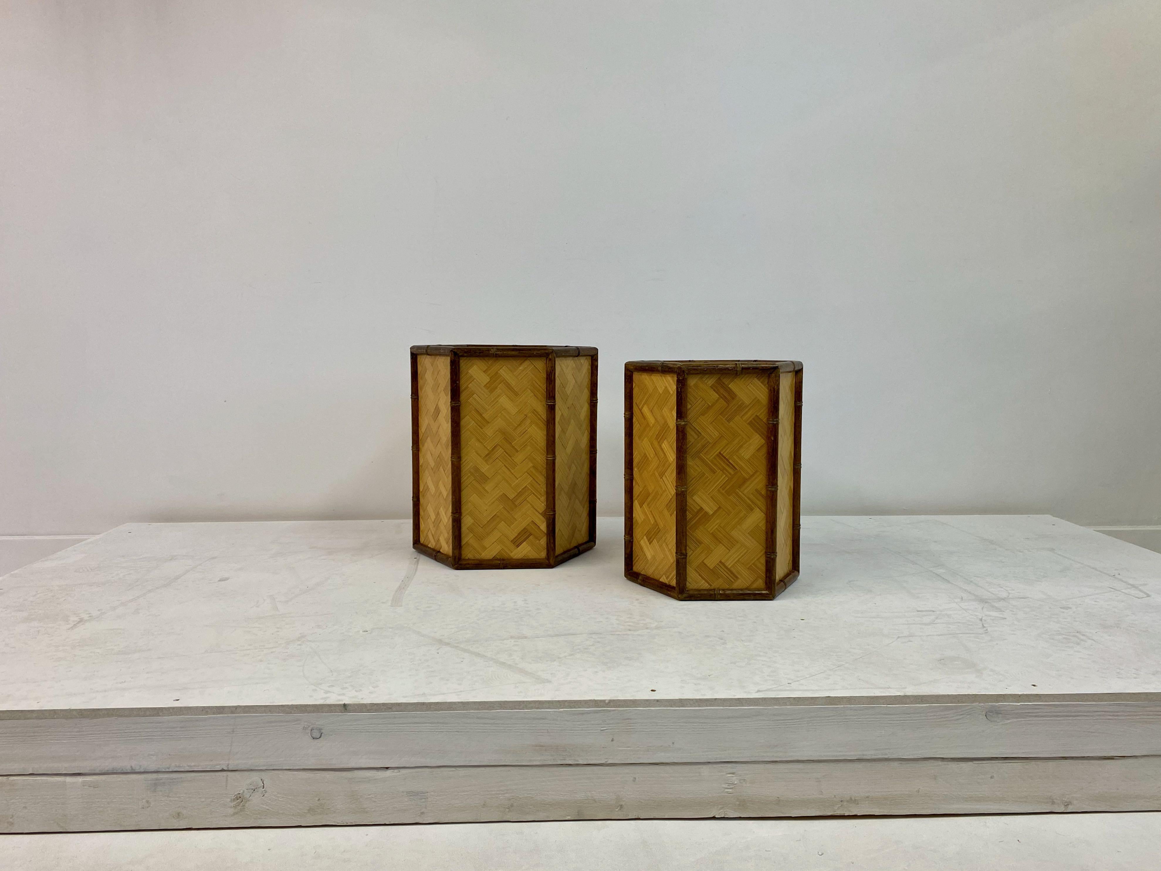 Mid-Century Modern 1970s Set of Three Graduated Rattan and Bamboo Planters or Baskets For Sale