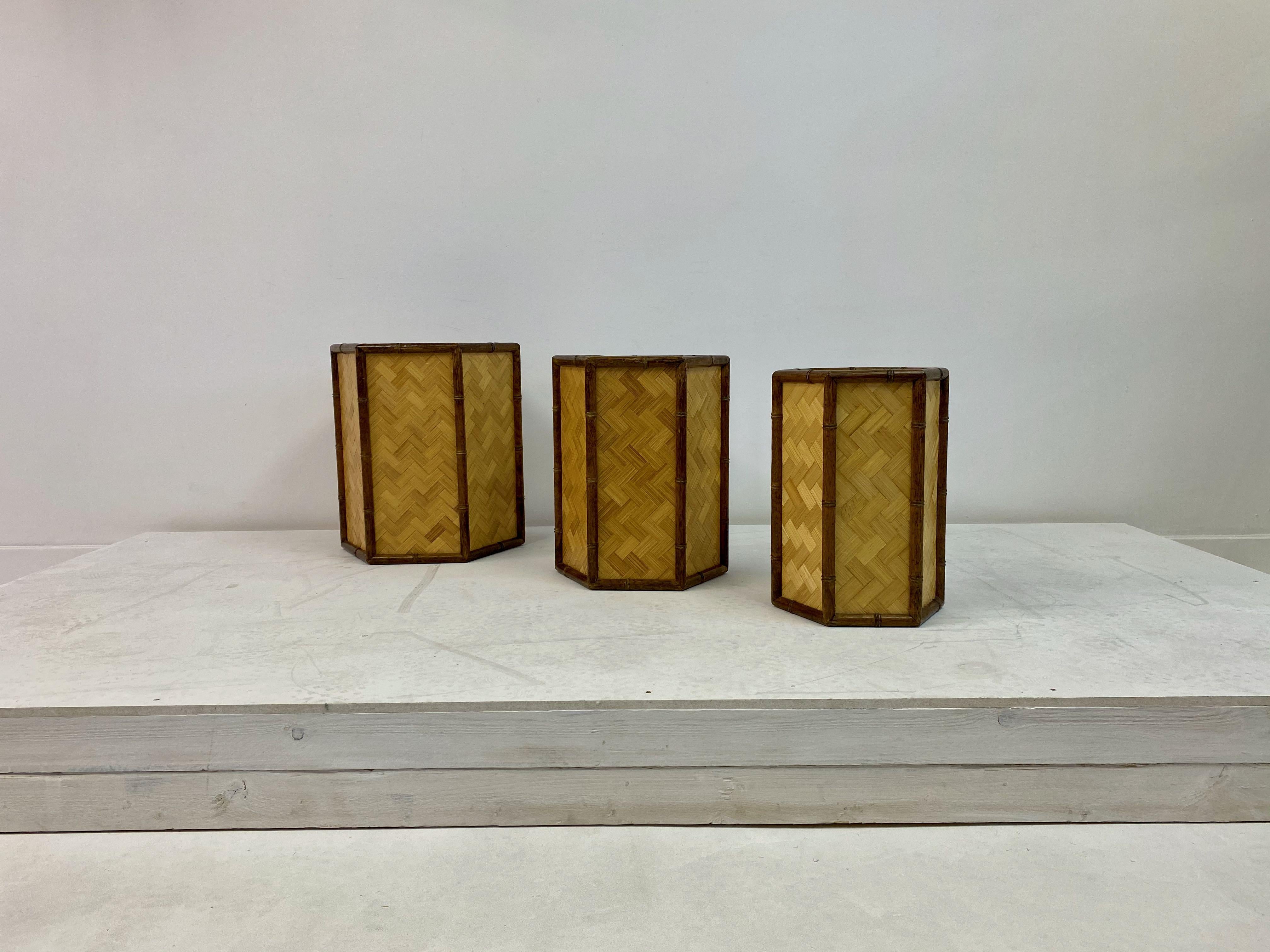 Italian 1970s Set of Three Graduated Rattan and Bamboo Planters or Baskets For Sale