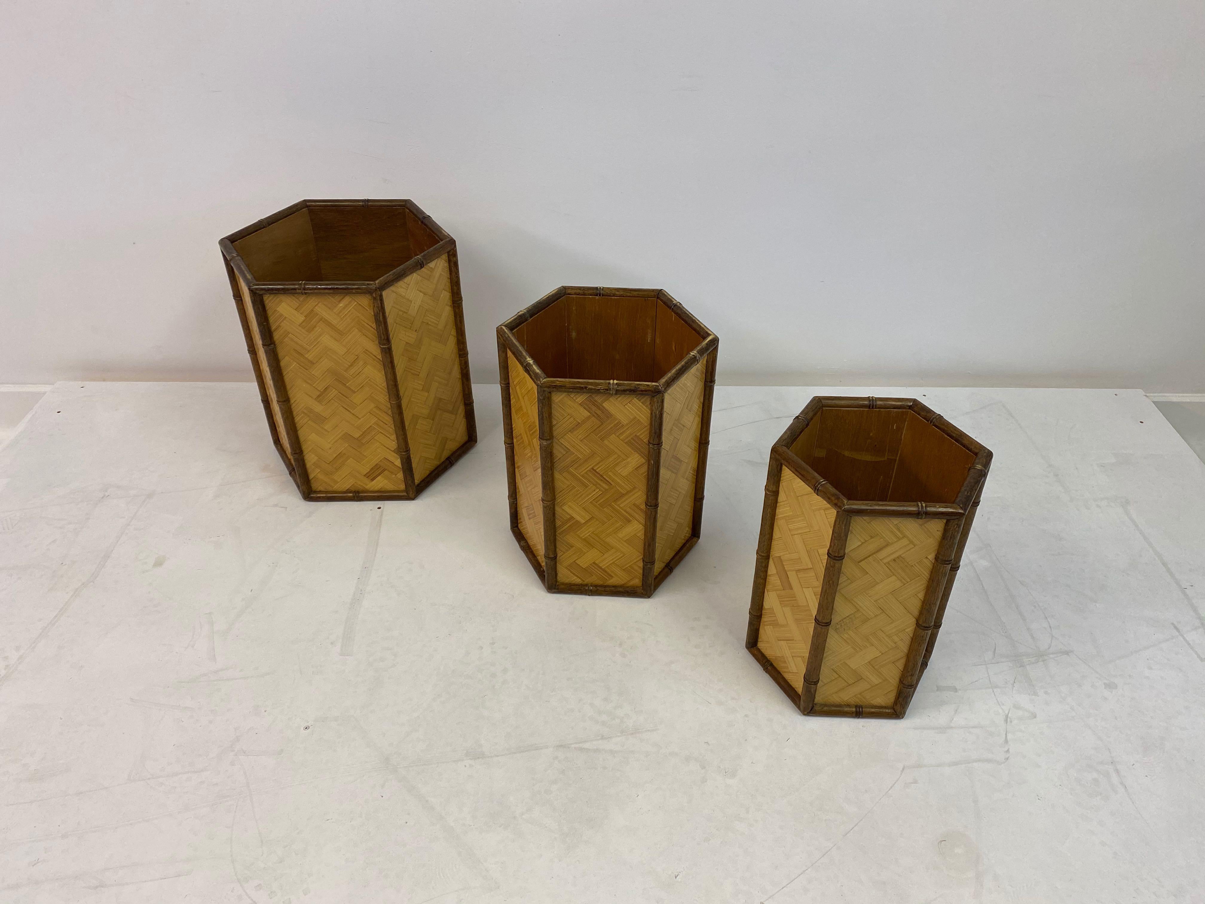 20th Century 1970s Set of Three Graduated Rattan and Bamboo Planters or Baskets For Sale