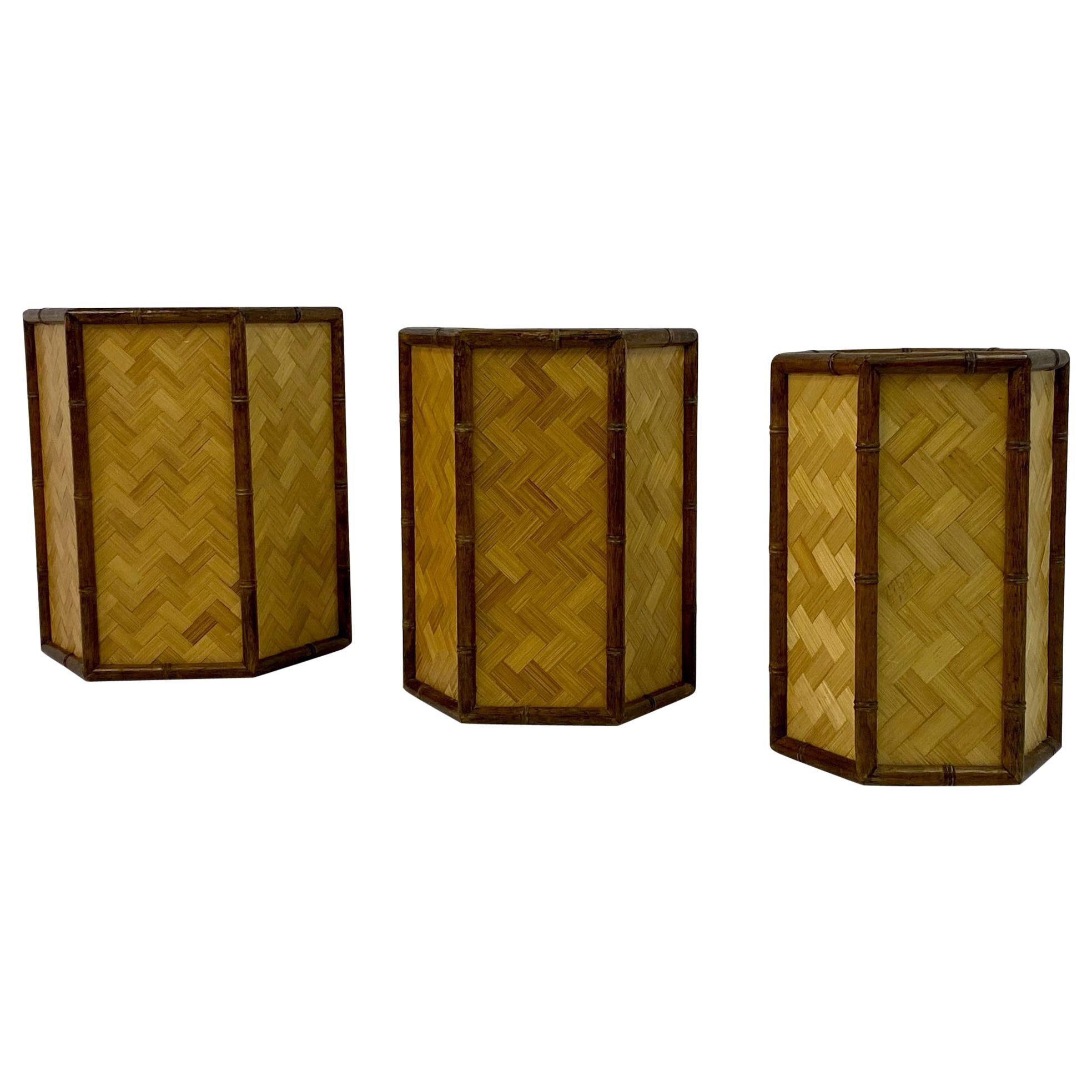 1970s Set of Three Graduated Rattan and Bamboo Planters or Baskets For Sale