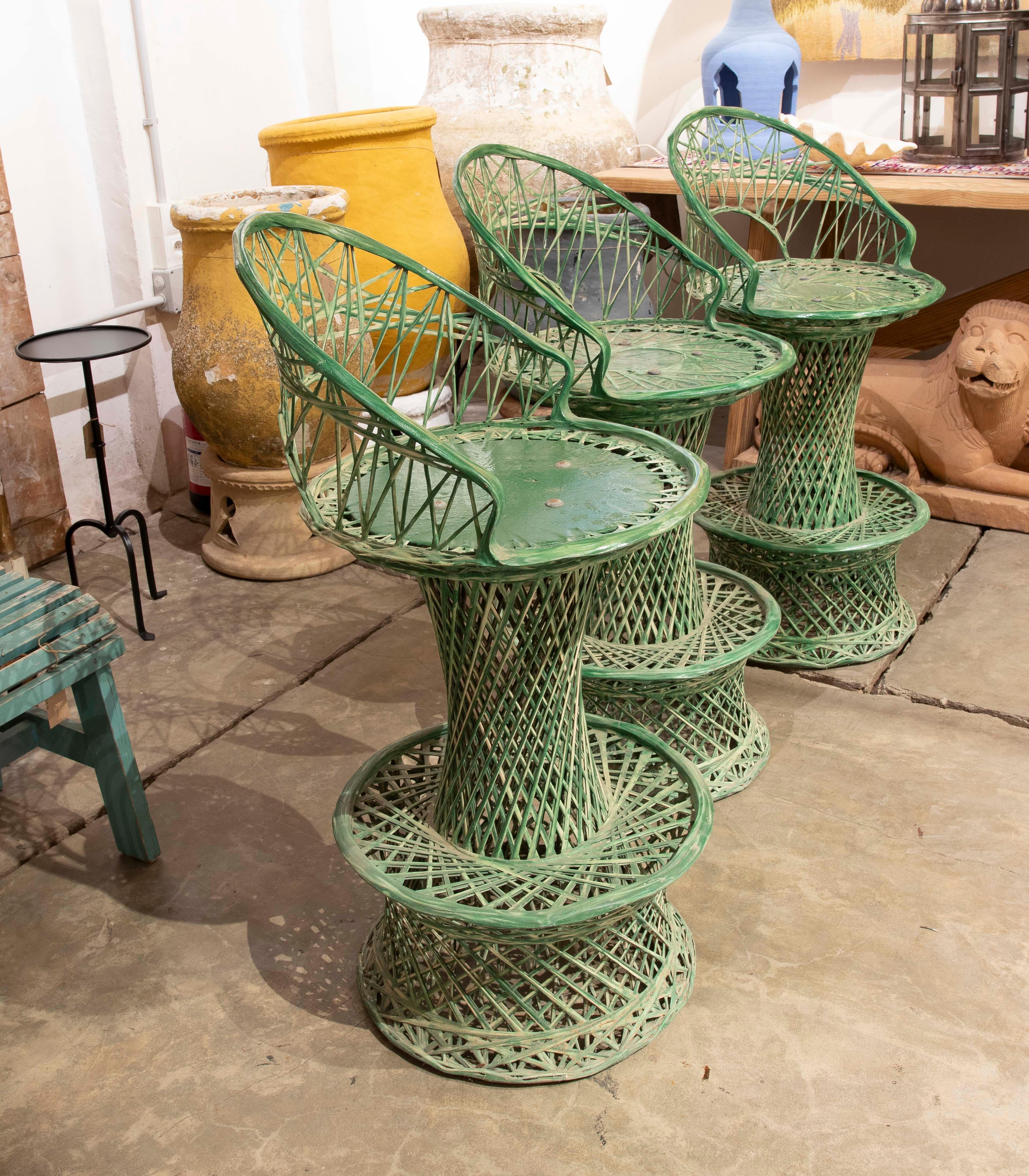 Spanish 1970s Set of Three Green Resin High Bar Stools For Sale