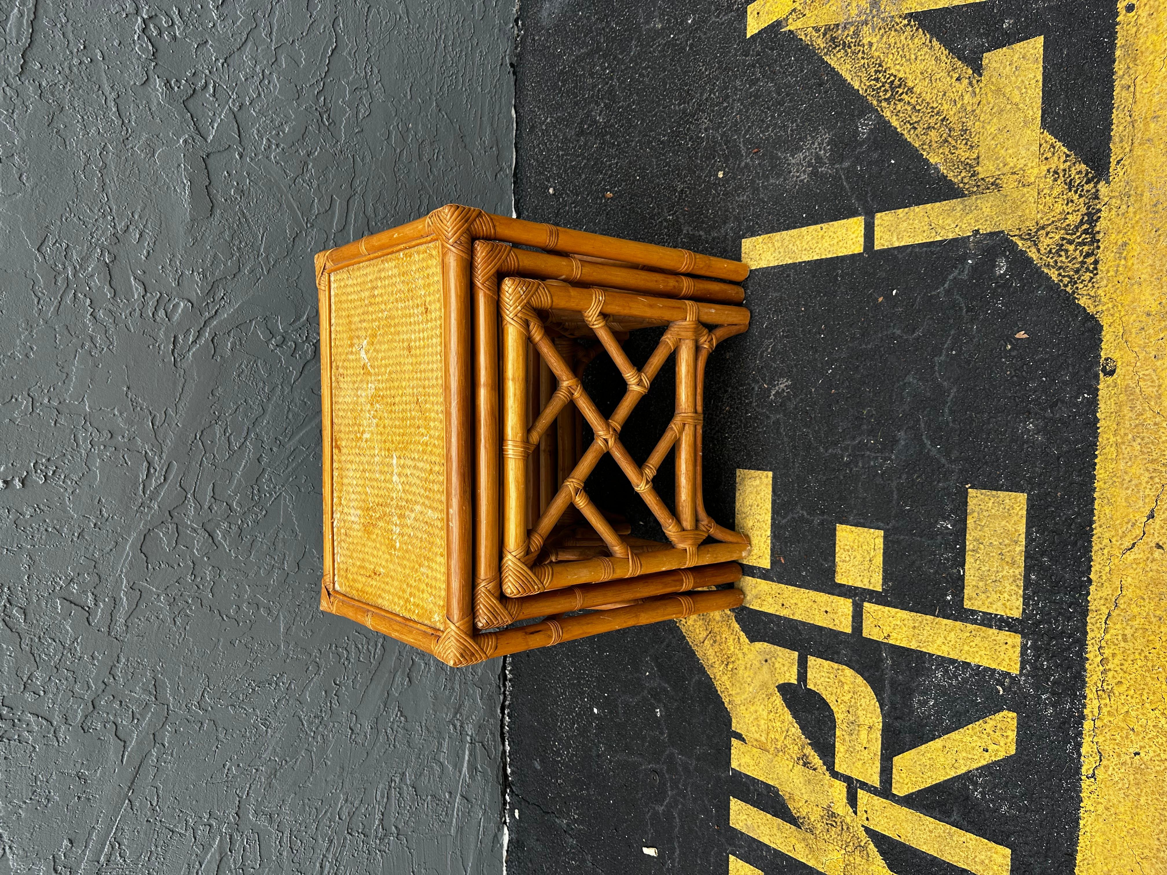 1970s Set of Three McGuire Style Rattan Weaved Nesting Tables For Sale 4