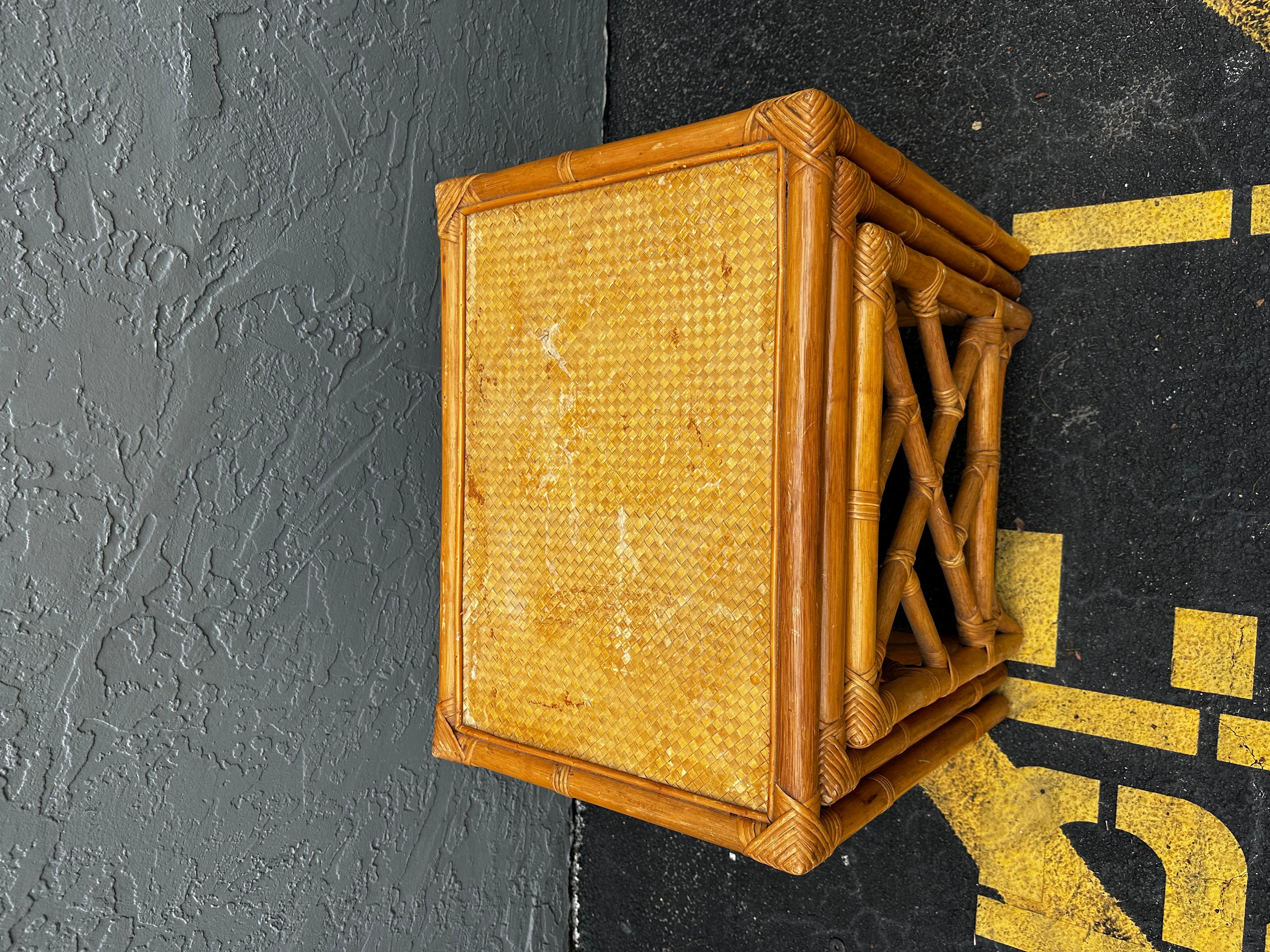 1970s Set of Three McGuire Style Rattan Weaved Nesting Tables For Sale 5