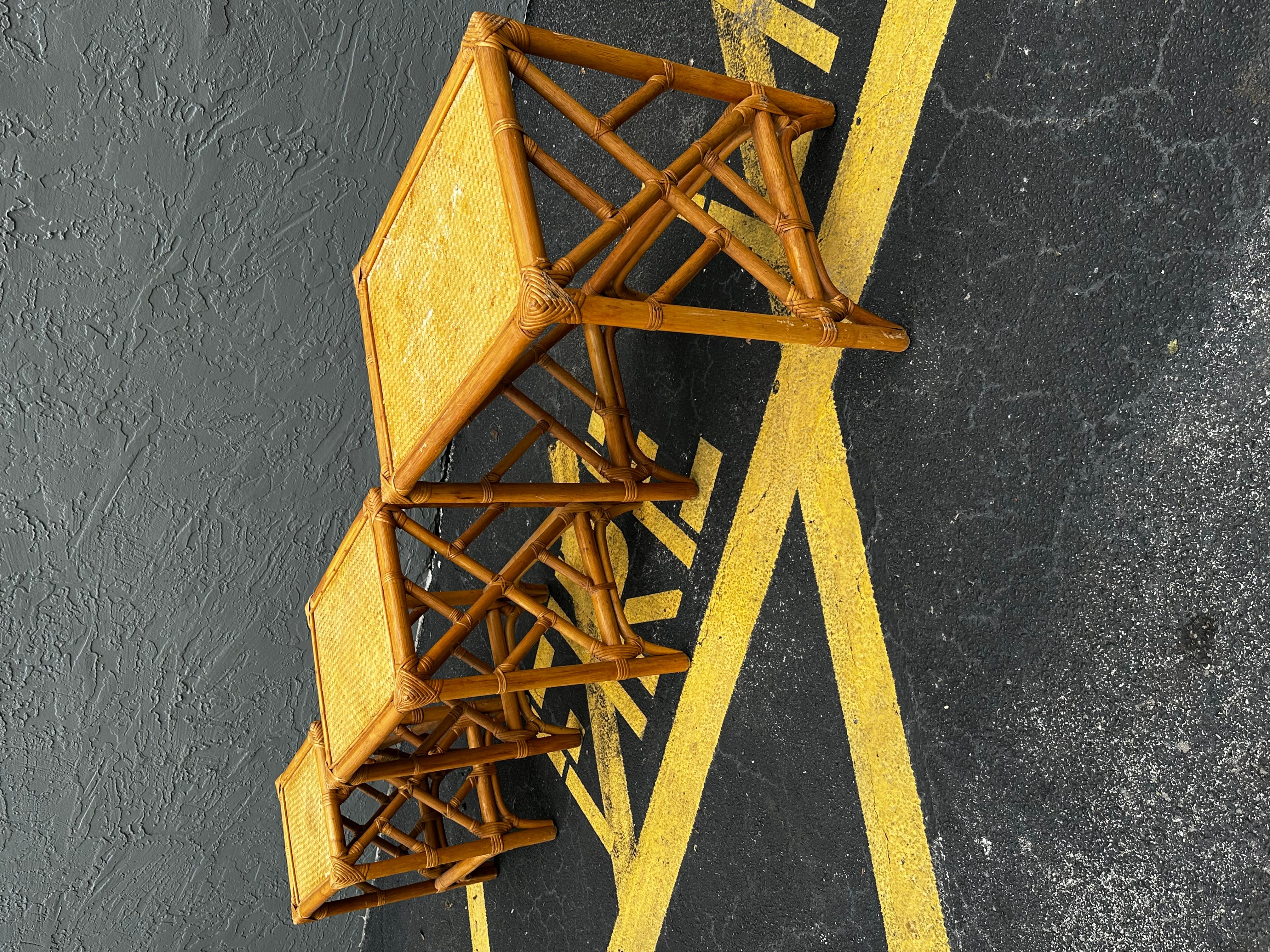 Bohemian 1970s Set of Three McGuire Style Rattan Weaved Nesting Tables For Sale