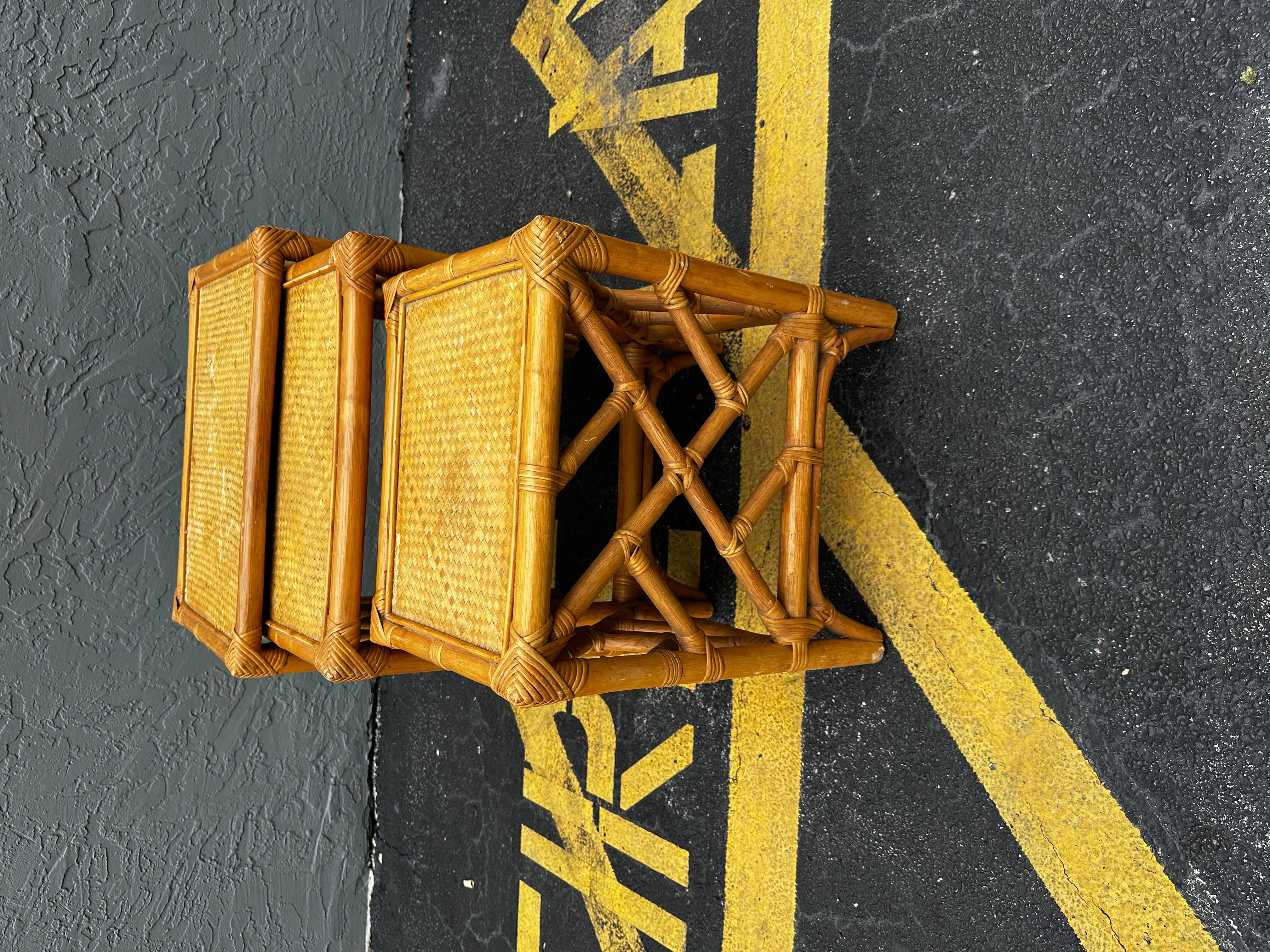 American 1970s Set of Three McGuire Style Rattan Weaved Nesting Tables For Sale