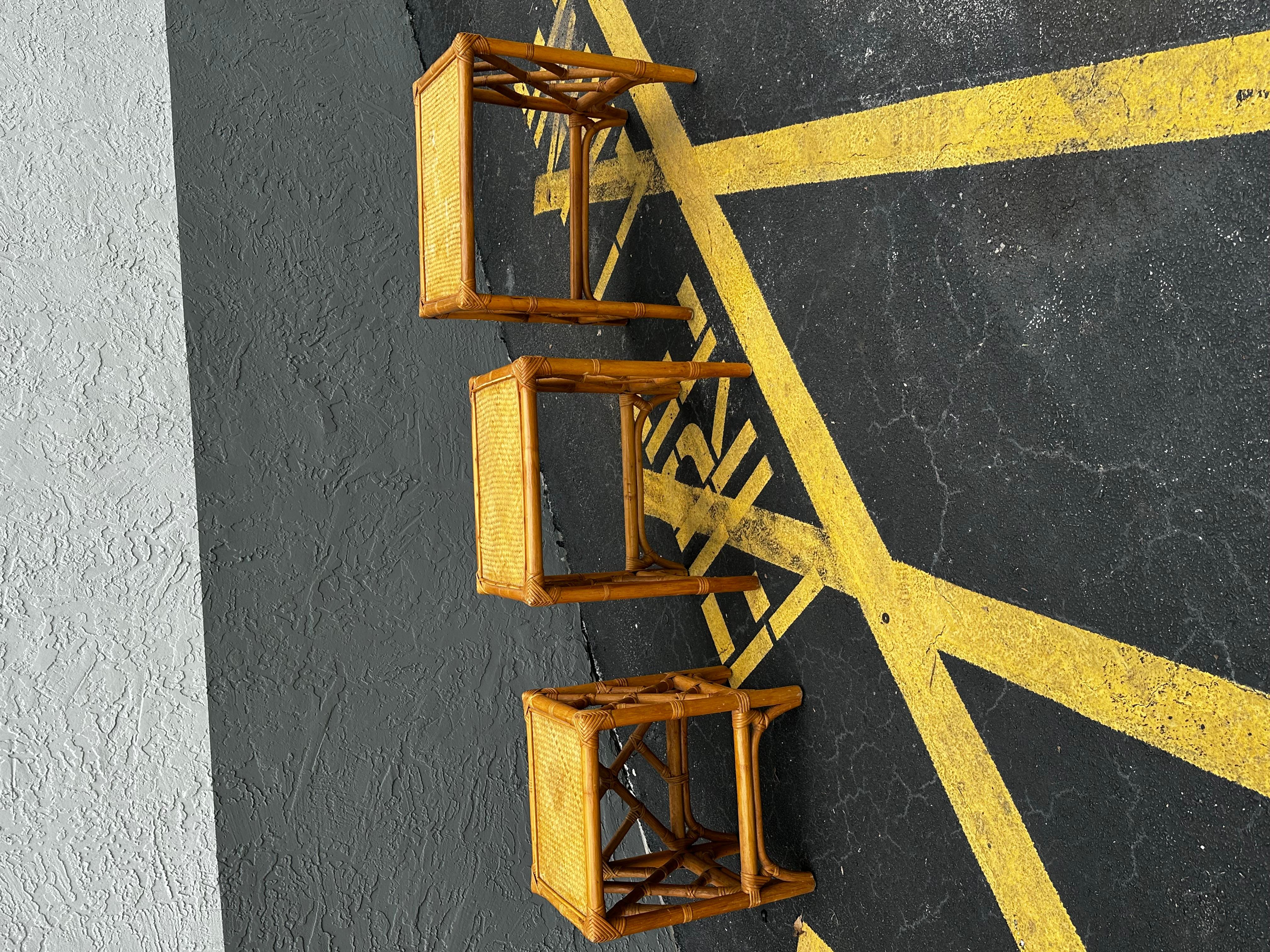 1970s Set of Three McGuire Style Rattan Weaved Nesting Tables In Good Condition For Sale In Fort Lauderdale, FL