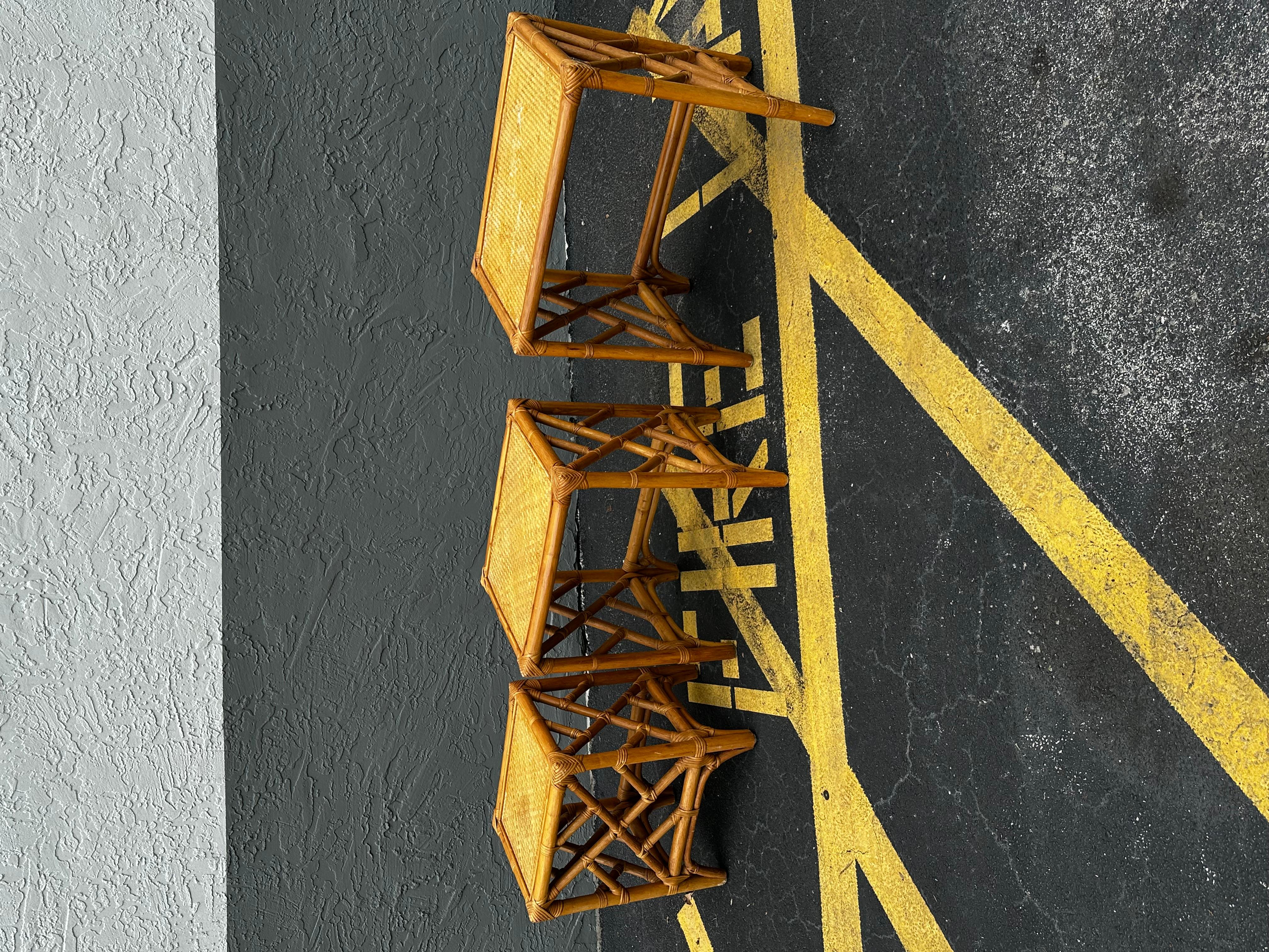 Late 20th Century 1970s Set of Three McGuire Style Rattan Weaved Nesting Tables For Sale