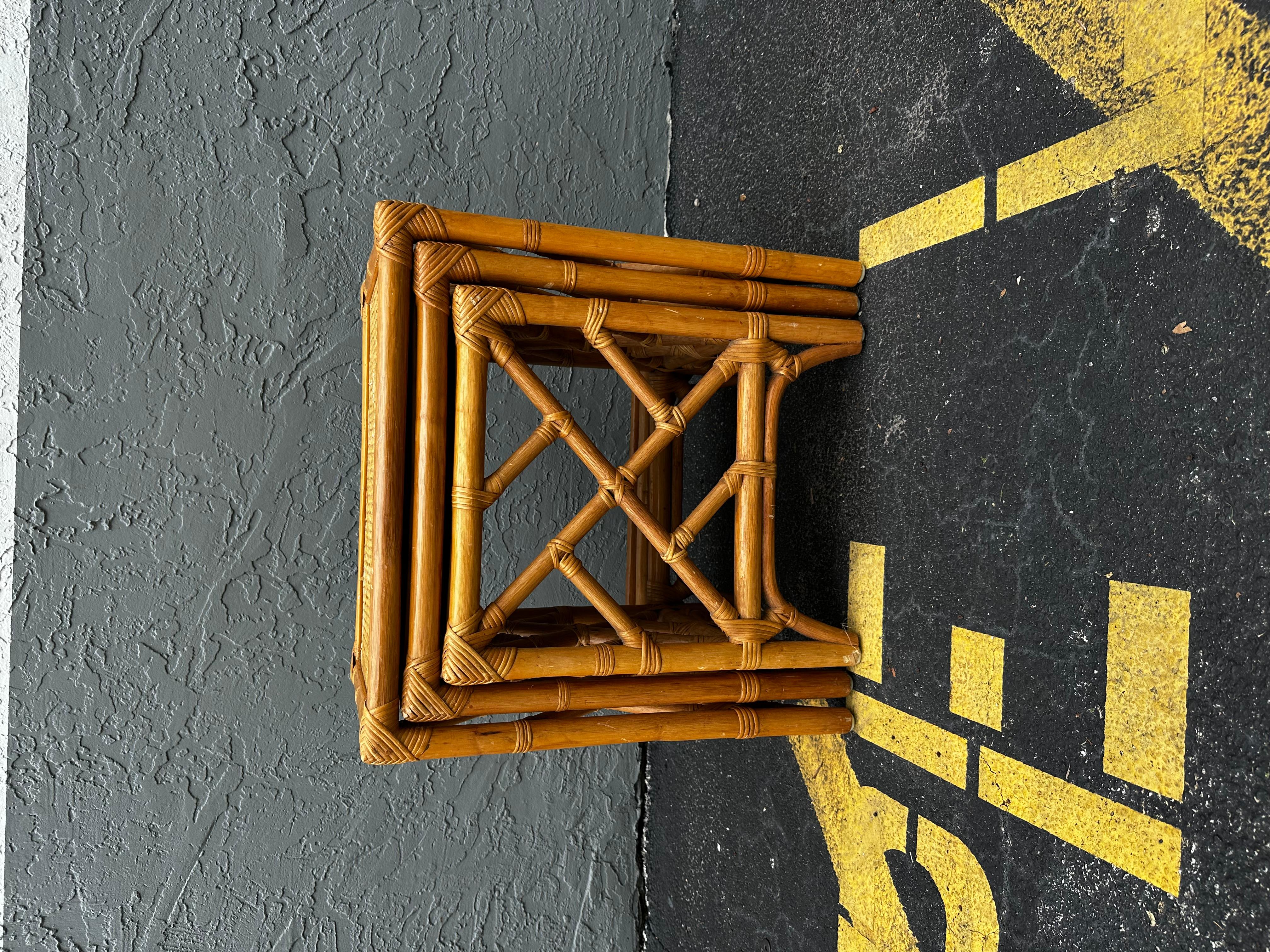 1970s Set of Three McGuire Style Rattan Weaved Nesting Tables For Sale 3