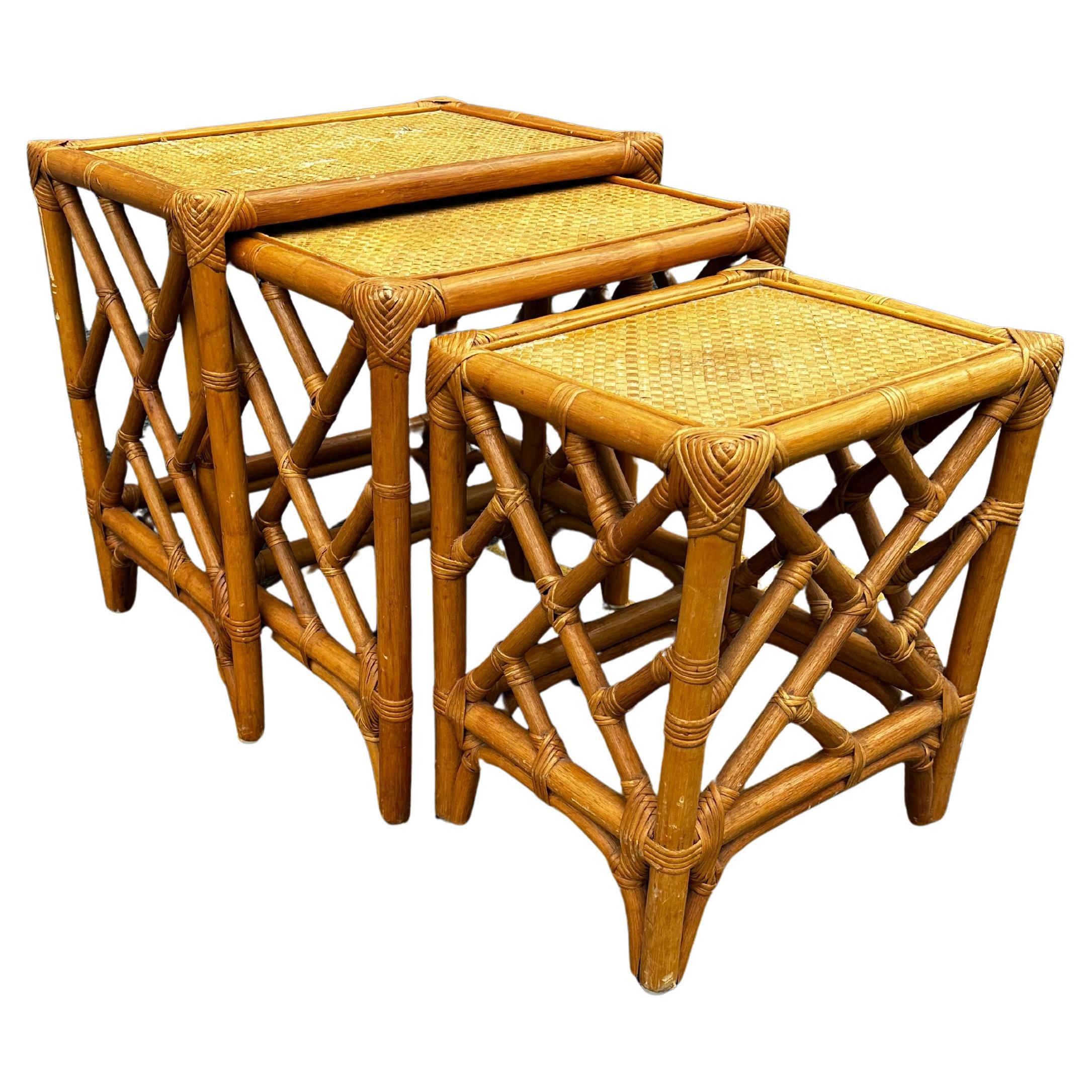 1970s Set of Three McGuire Style Rattan Weaved Nesting Tables For Sale